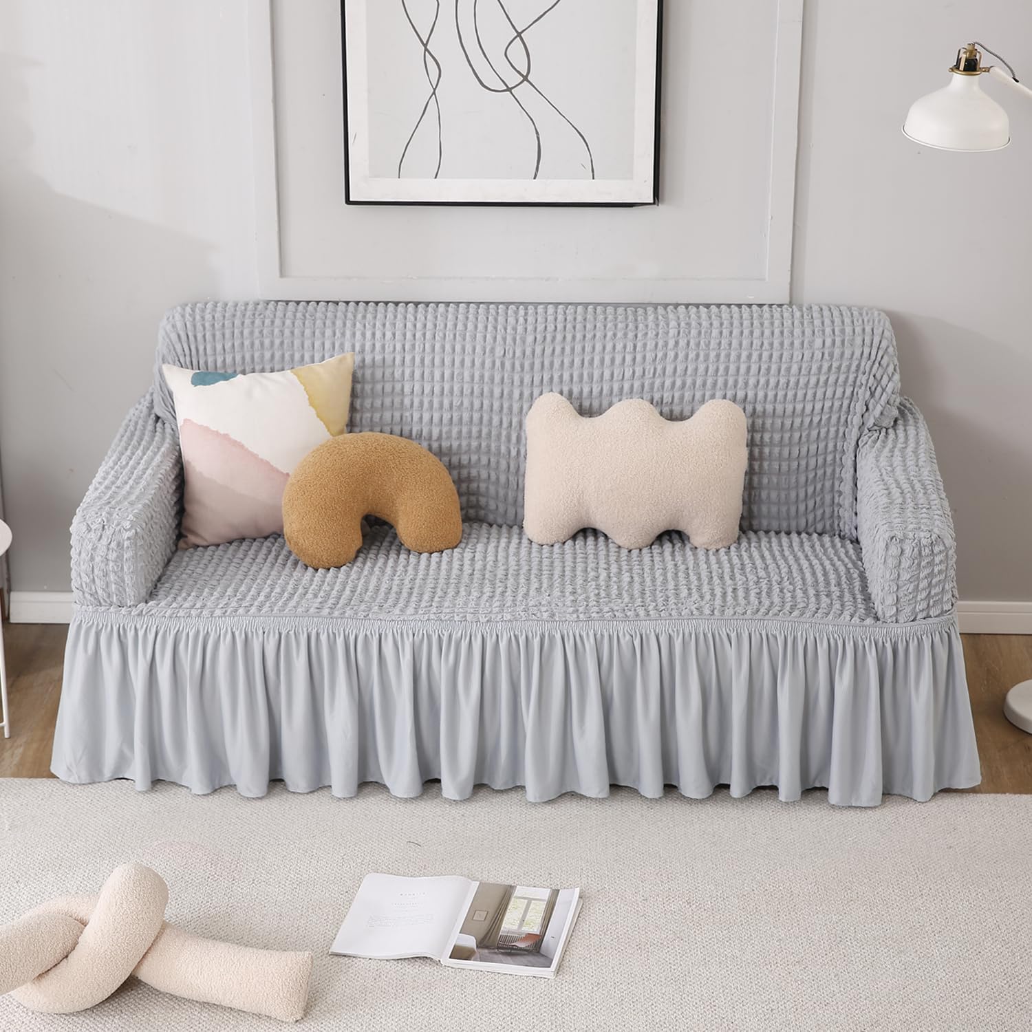 Bubble Grey Elastic Sofa Cover 3 Seater Frill Slipcover Protector, Poly Cotton Stretch Fit