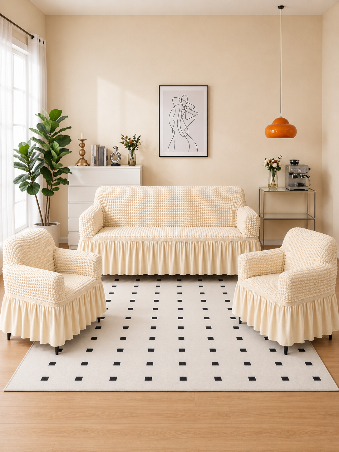 Bubble Cream Elastic Sofa Cover 3+1+1 Seater Frill Slipcover Protector, Poly Cotton Stretch Fit
