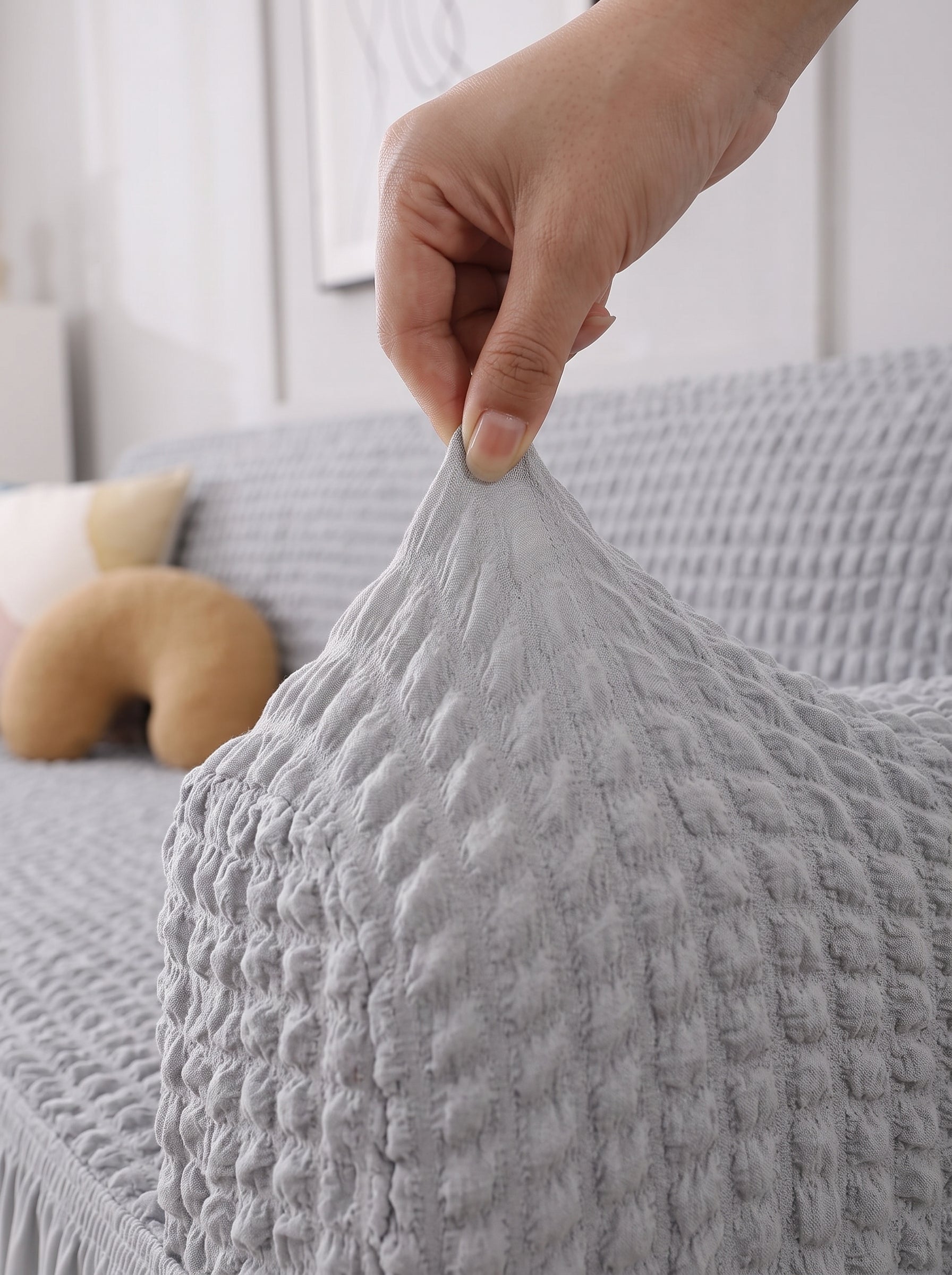 Bubble Grey Elastic Sofa Cover – 3 Seater Frill Slipcover Protector, Poly Cotton Stretch Fit
