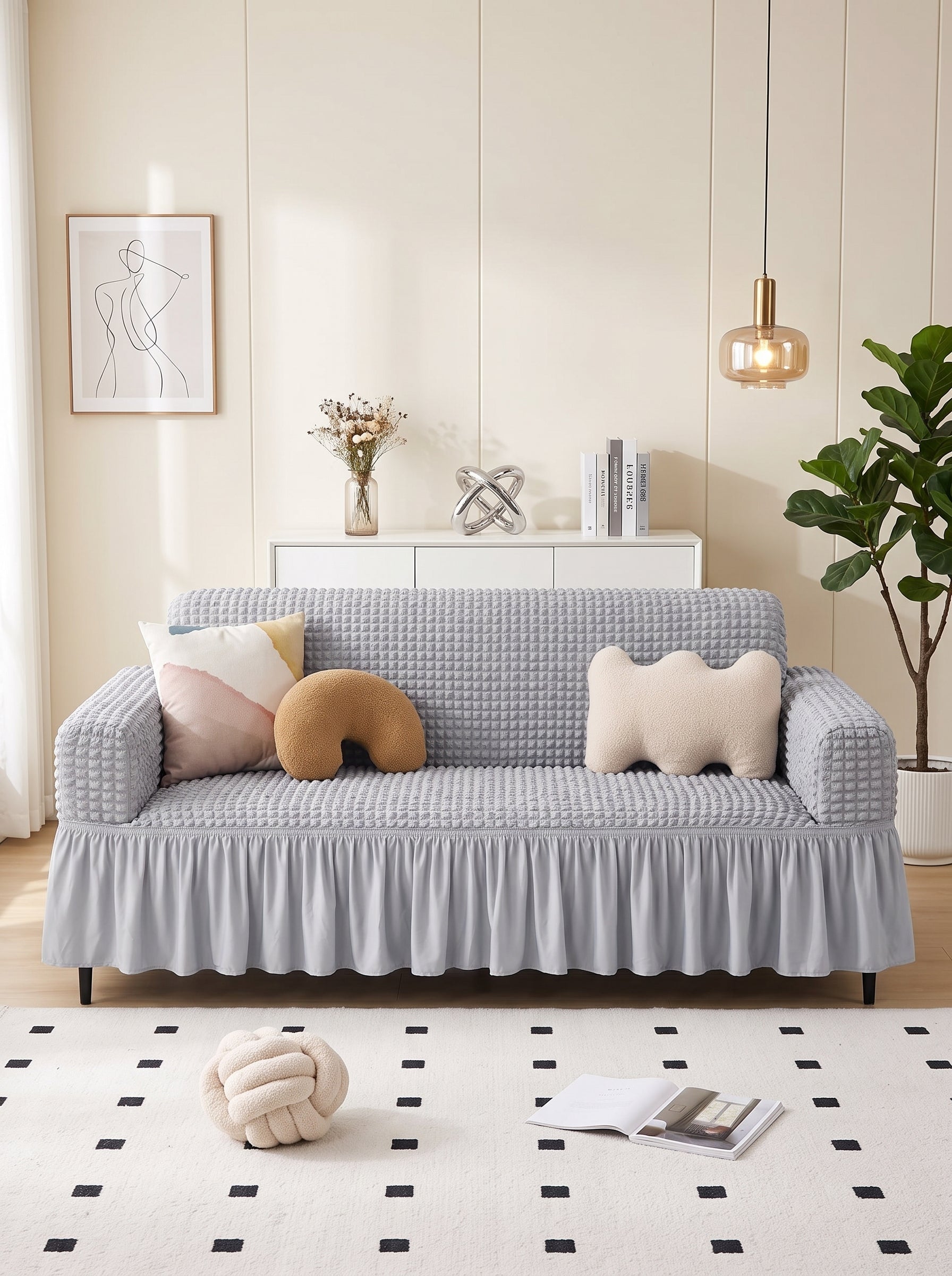 Bubble Grey Elastic Sofa Cover Set – 3+1+1 Seater Frill Slipcover Protector, Poly Cotton Stretch Fit