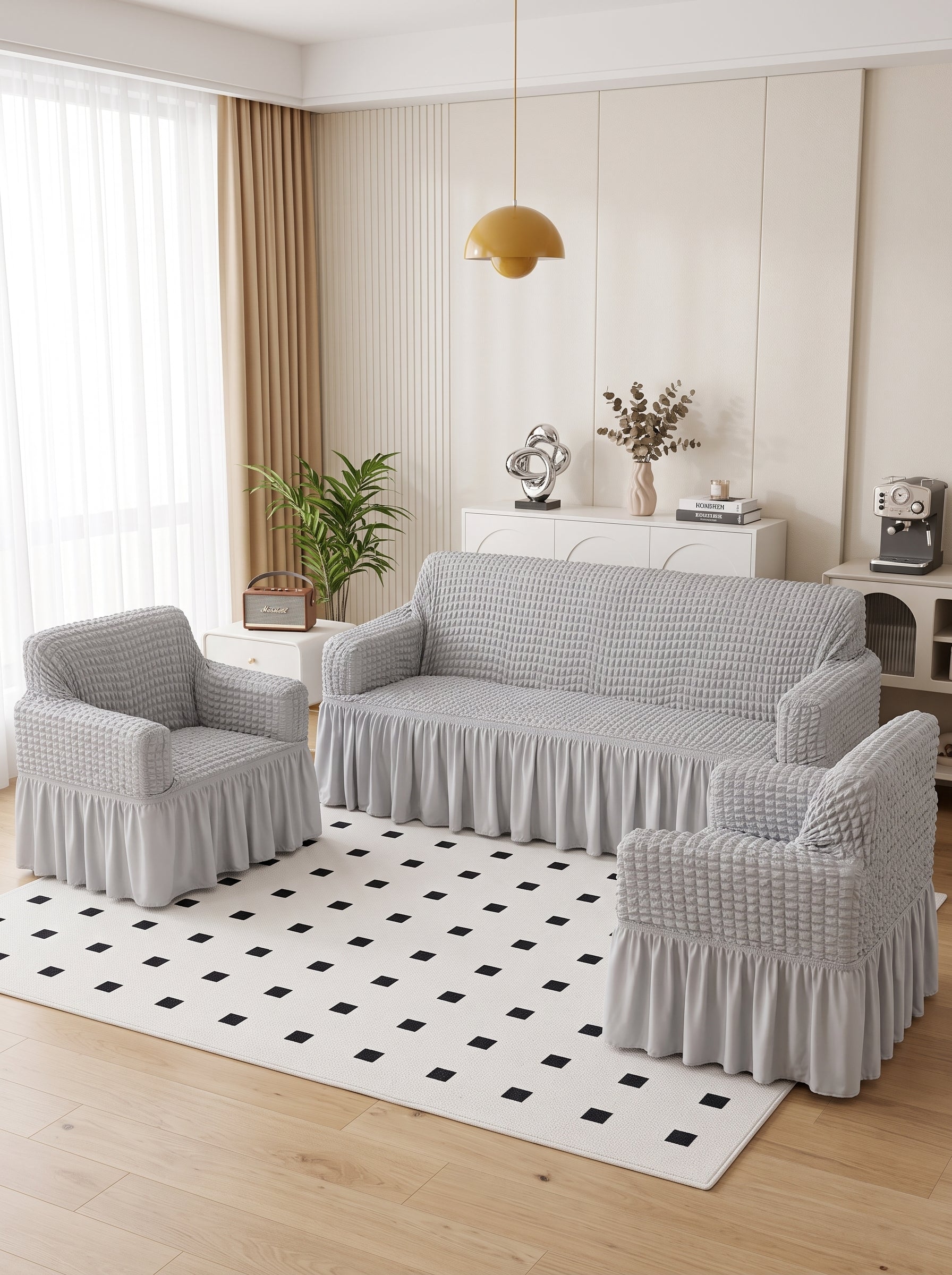 Bubble Grey Elastic Sofa Cover Set 3+1+1 Seater Frill Slipcover Protector, Poly Cotton Stretch Fit