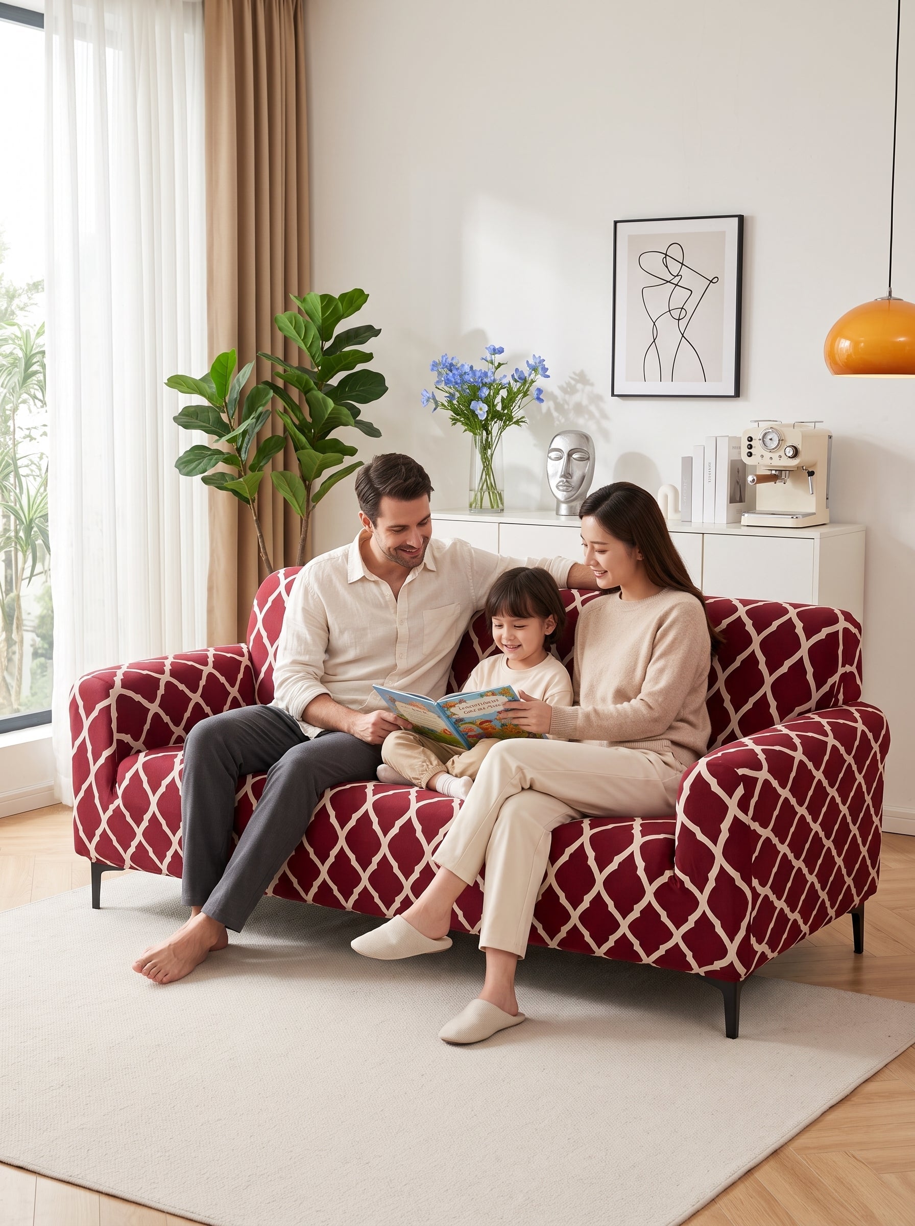 Burgundy Geometric Stretchable Sofa Cover – 3+1+1 Seater Elastic Slipcover, Anti-Slip Polyester Protector