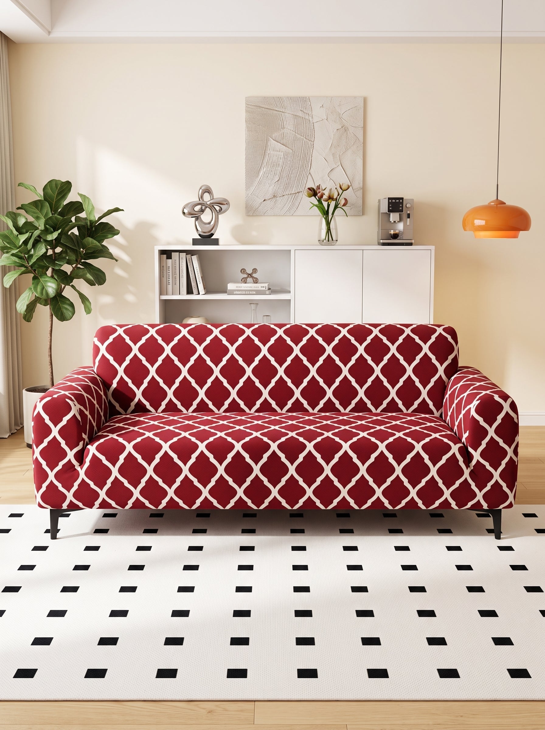 Burgundy Geometric Stretchable Sofa Cover – 3+1+1 Seater Elastic Slipcover, Anti-Slip Polyester Protector