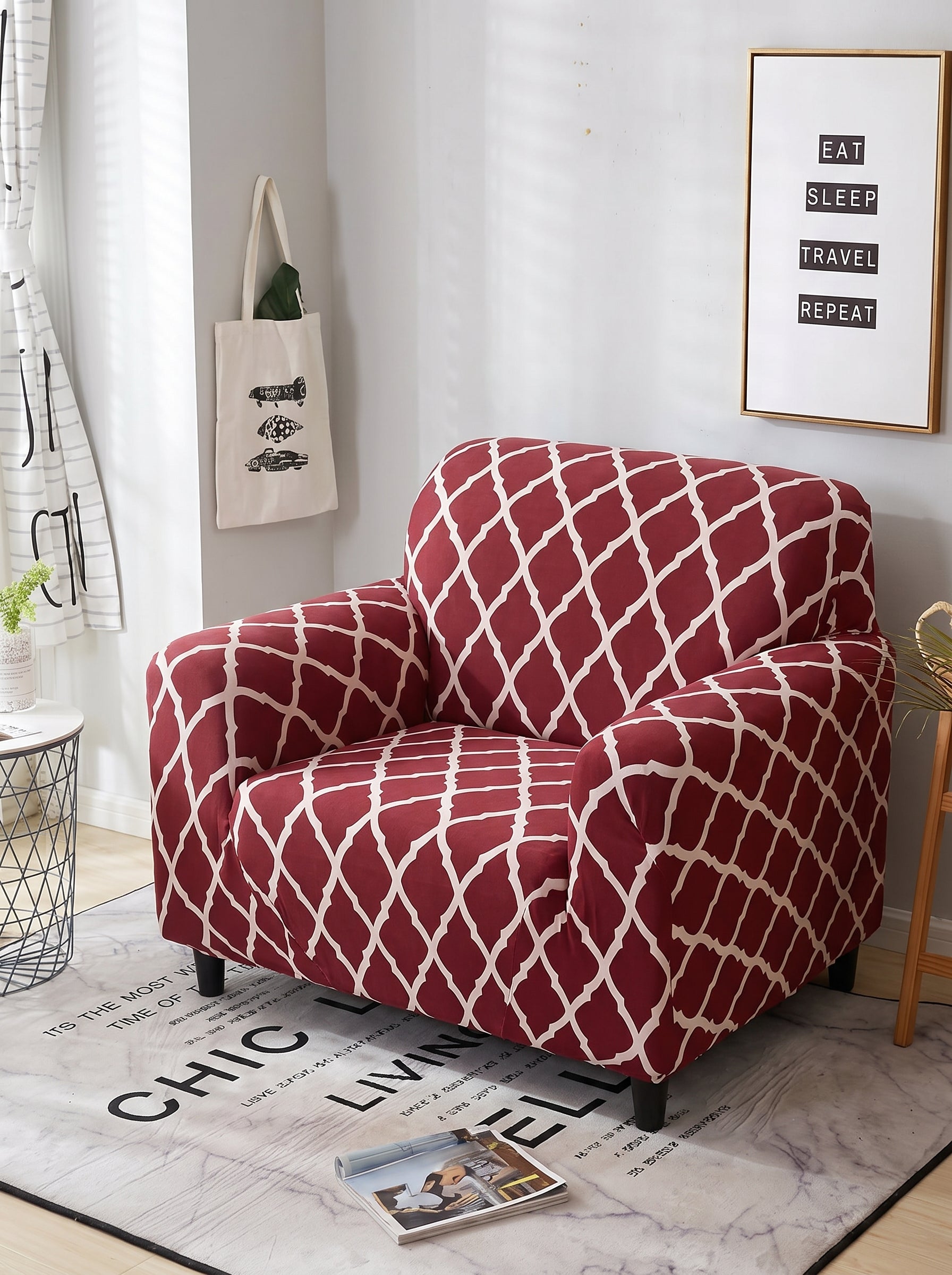 Burgundy Geometric Stretchable Sofa Cover – 3+1+1 Seater Elastic Slipcover, Anti-Slip Polyester Protector