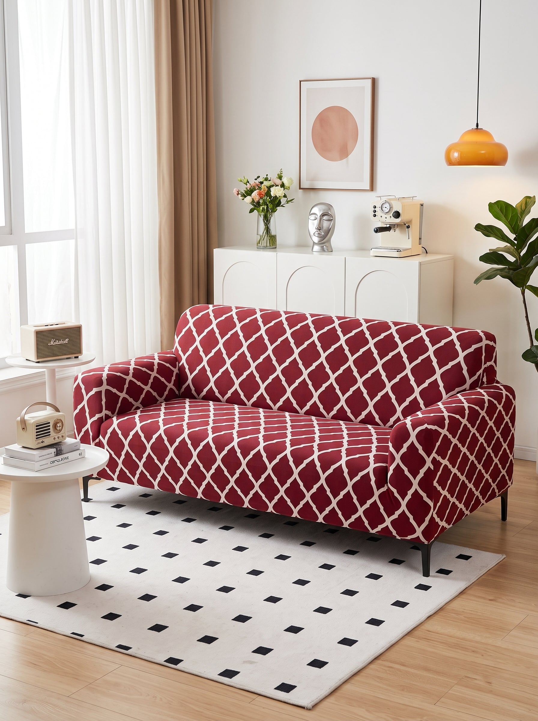 Burgundy Geometric Stretchable Sofa Cover – 3+1+1 Seater Elastic Slipcover, Anti-Slip Polyester Protector