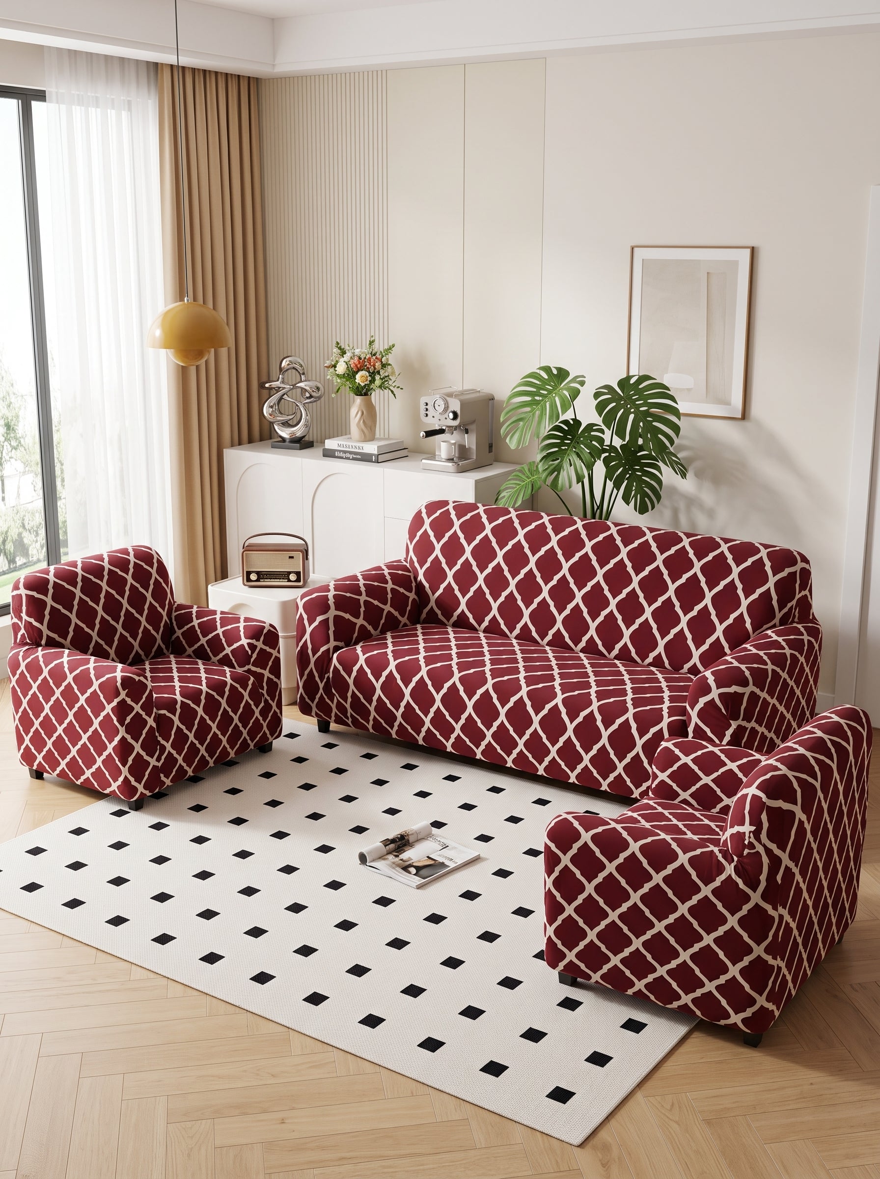 Burgundy Geometric Stretchable Sofa Cover – 3+1+1 Seater Elastic Slipcover, Anti-Slip Polyester Protector