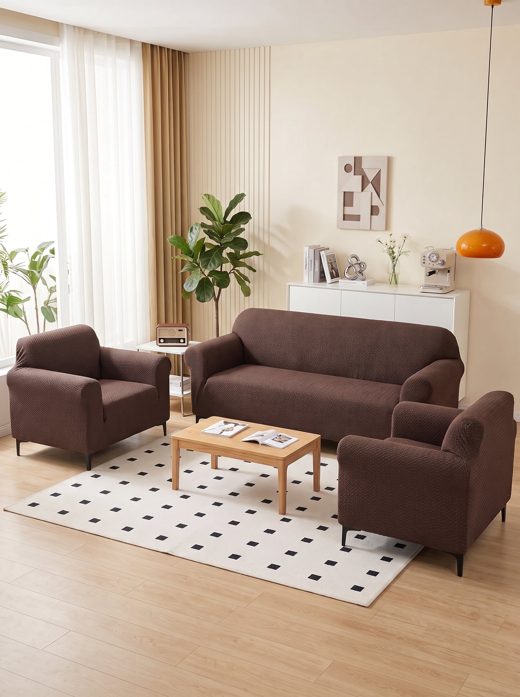 Emboss Brown Non-Slip Sticky Sofa Cover Set 3+1+1 Seater Elastic Stretchable Polyester Slipcover
