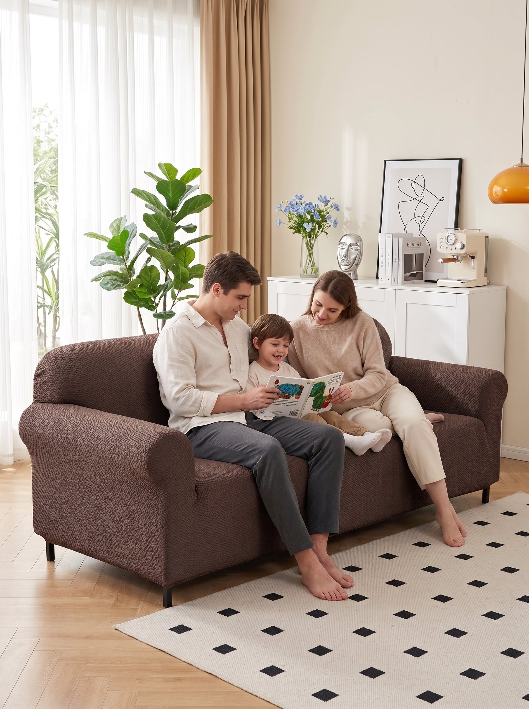 Emboss Brown Non-Slip Sticky Sofa Cover Set – 3+1+1 Seater Elastic Stretchable Polyester Slipcover