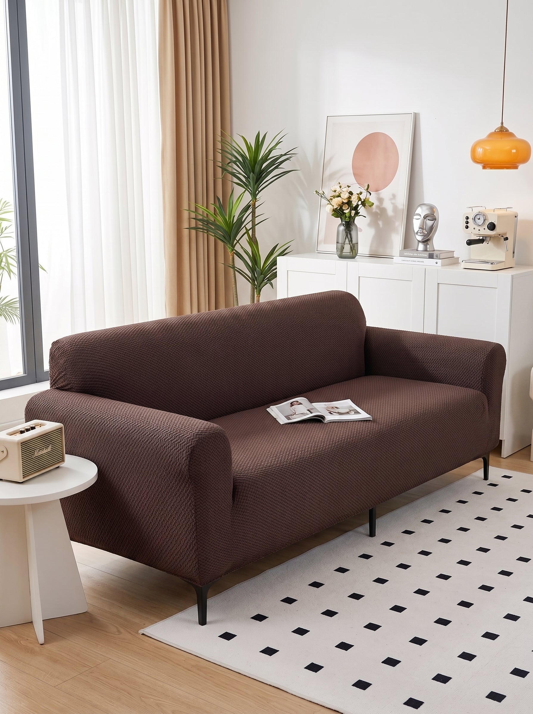 Emboss Brown Non-Slip Sticky Sofa Cover Set – 3+1+1 Seater Elastic Stretchable Polyester Slipcover