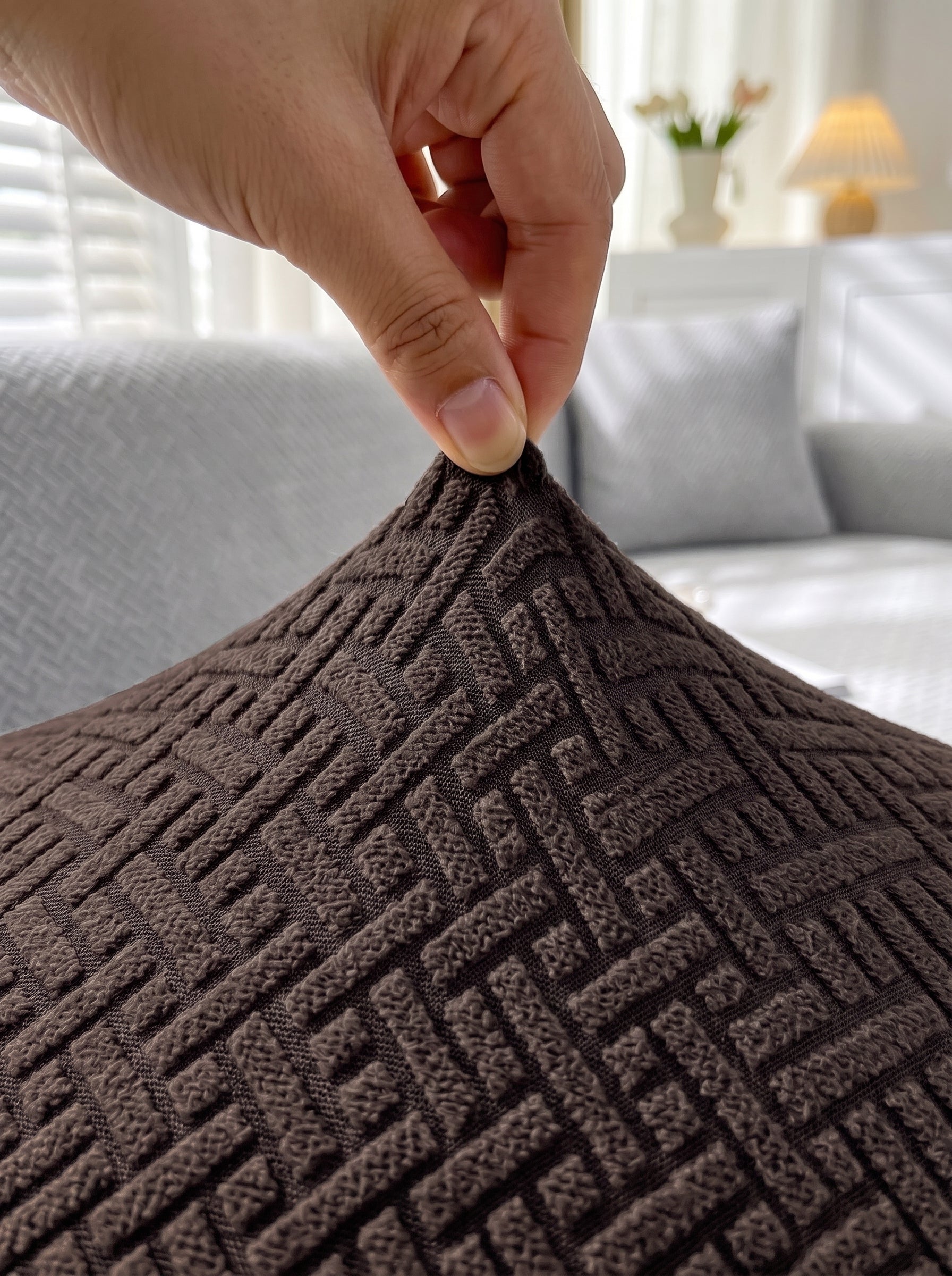 Emboss Brown Non-Slip Sticky Sofa Cover – 4 Seater Elastic Stretchable Polyester Slipcover Protector
