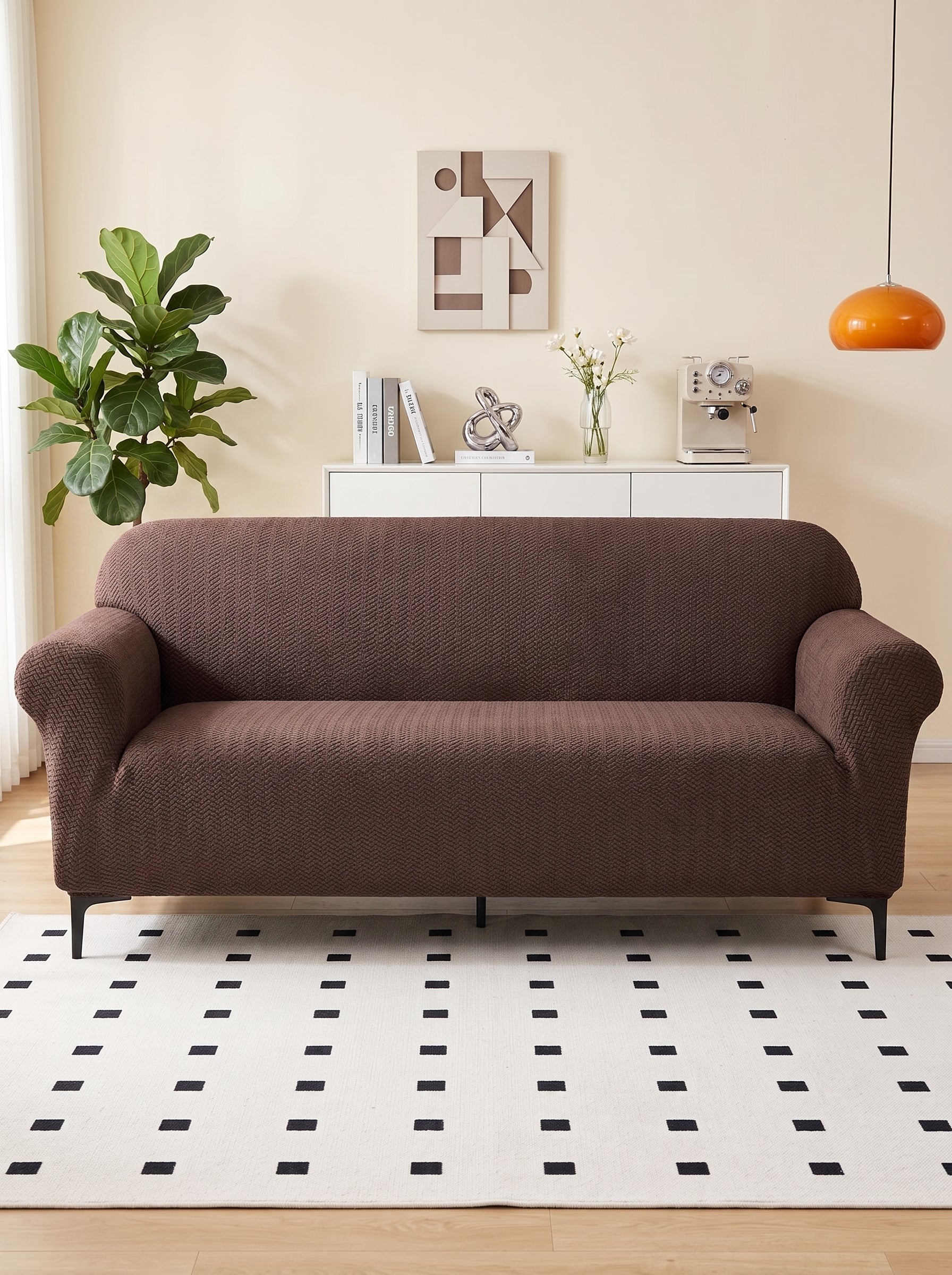 Emboss Brown Non-Slip Sticky Sofa Cover 4 Seater Elastic Stretchable Polyester Slipcover Protector
