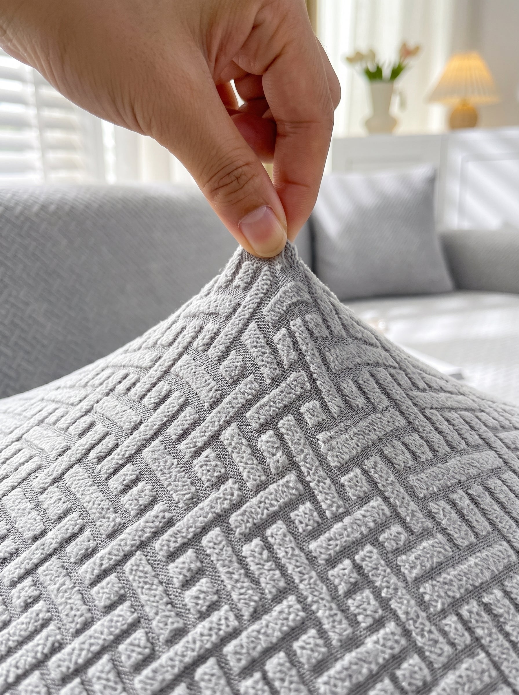 Emboss Grey Non-Slip Sticky Sofa Cover Set – 3+1+1 Seater Elastic Stretchable Polyester Slipcover