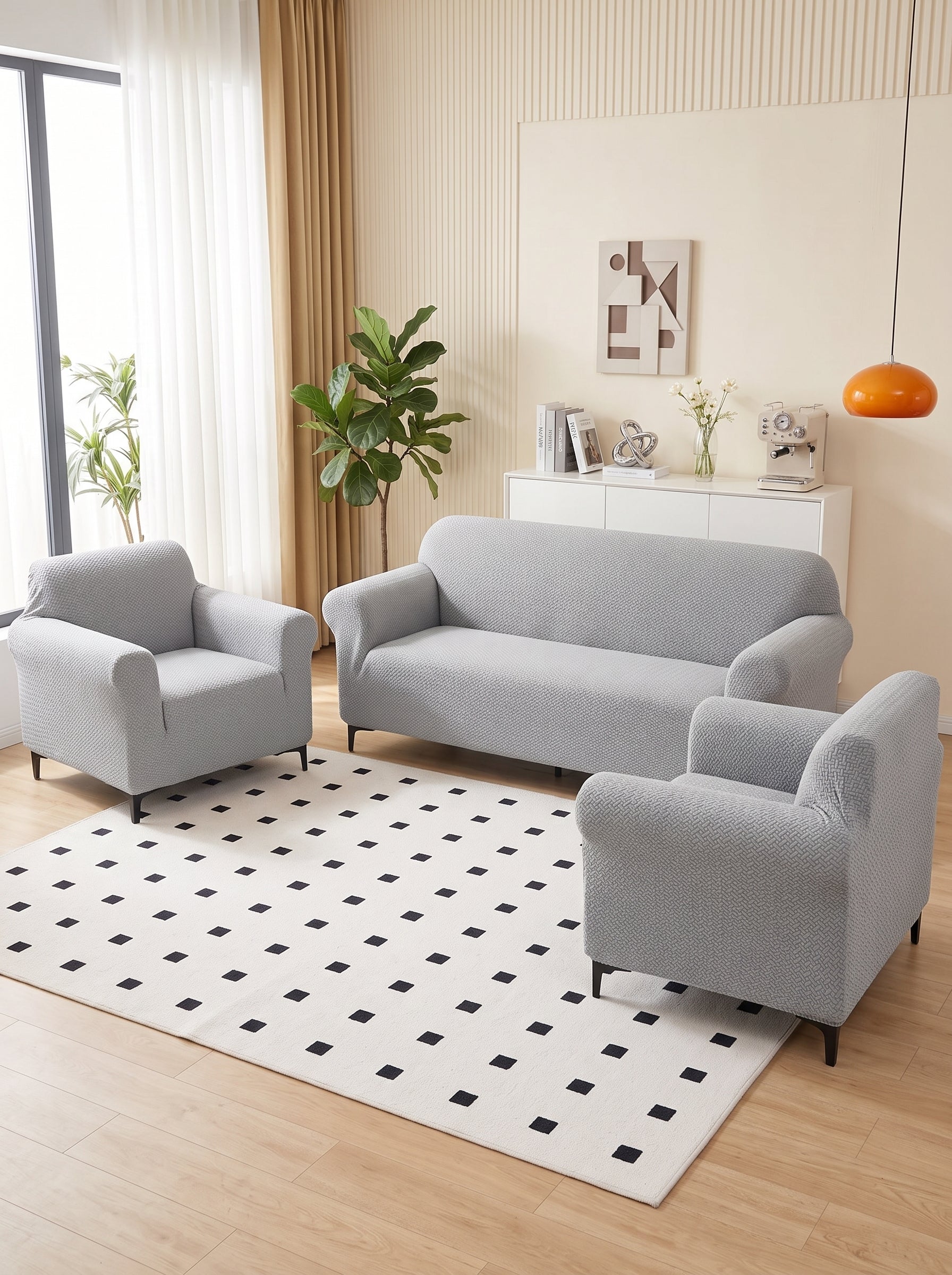 Emboss Grey Non-Slip Sticky Sofa Cover Set 3+1+1 Seater Elastic Stretchable Polyester Slipcover
