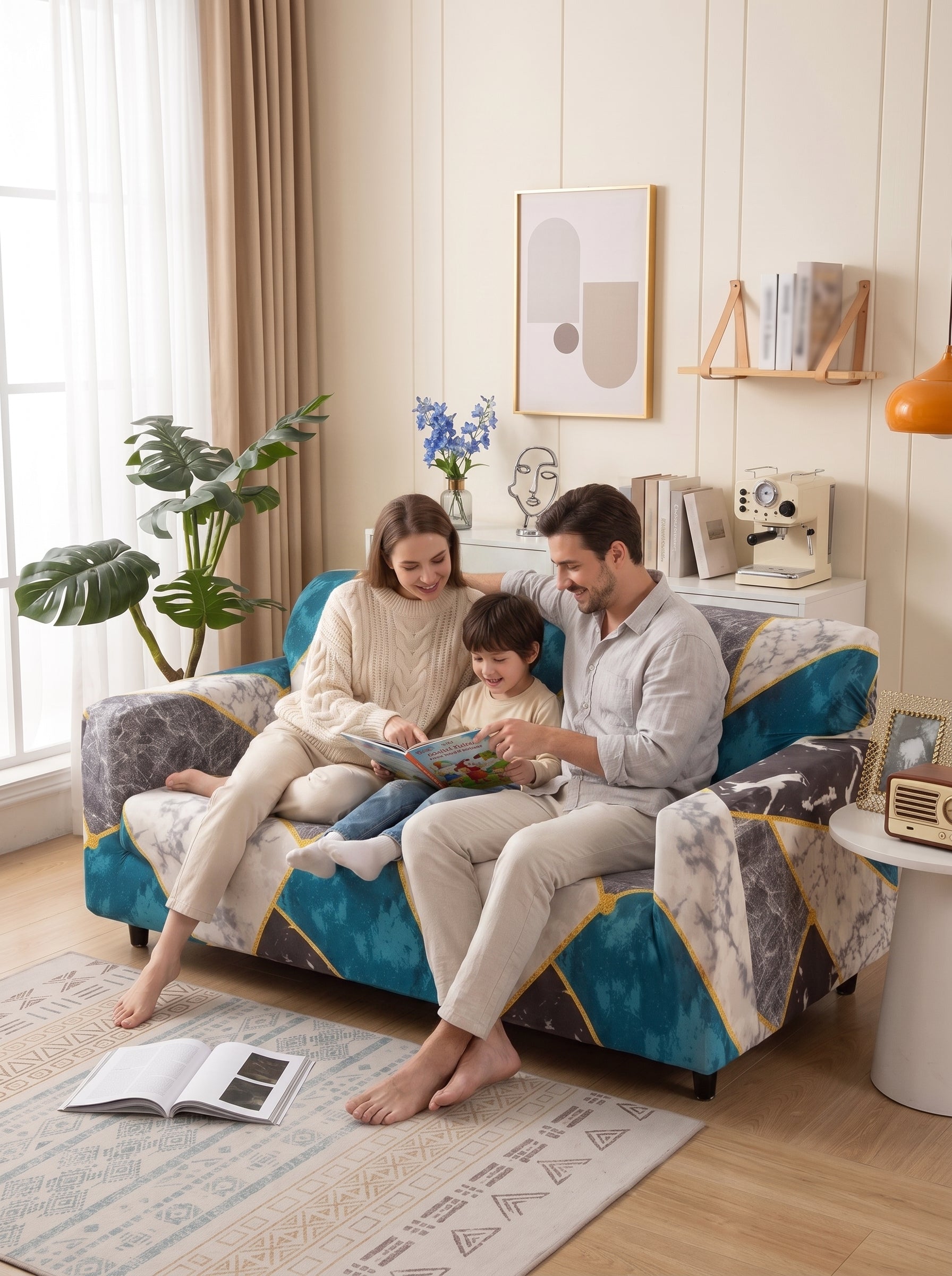 Marble Print Stretchable Sofa Cover – 3 Seater Elastic Slipcover, Anti-Slip Polyester Protector