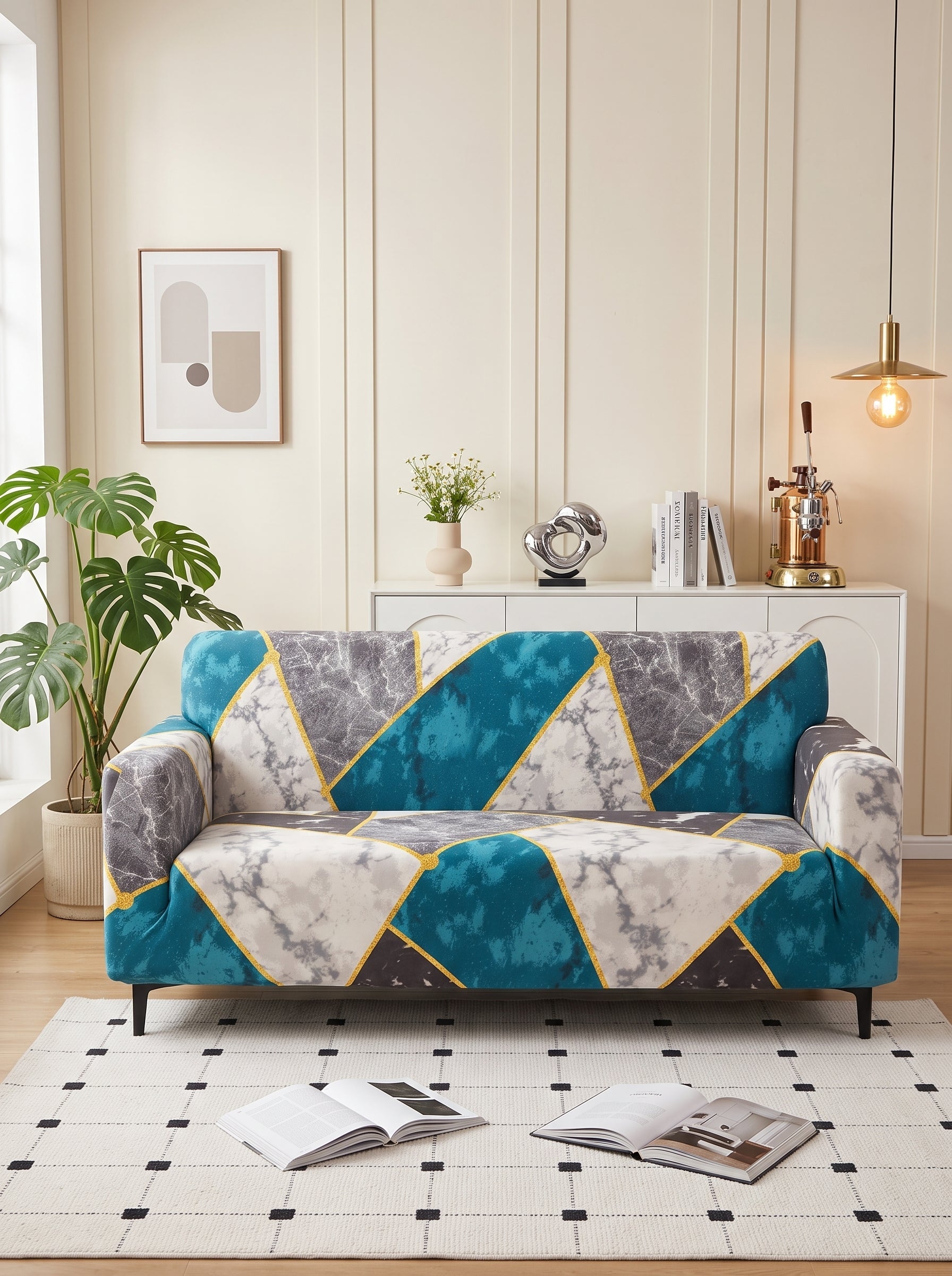 Marble Print Stretchable Sofa Cover 3 Seater Elastic Slipcover, Anti-Slip Polyester Protector