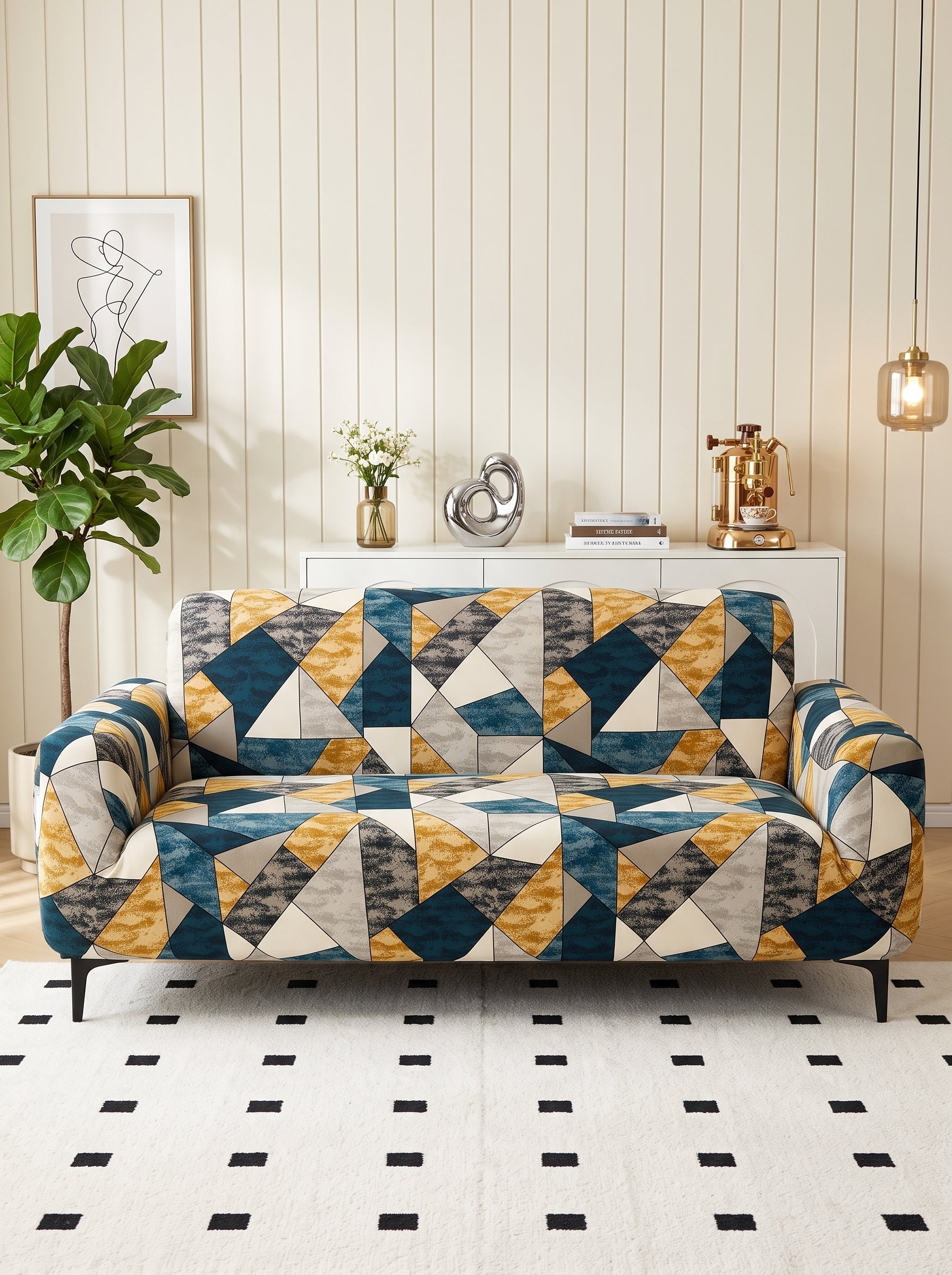 Multi Prism Stretchable Sofa Cover 3 Seater Elastic Slipcover, Anti-Slip Polyester Protector