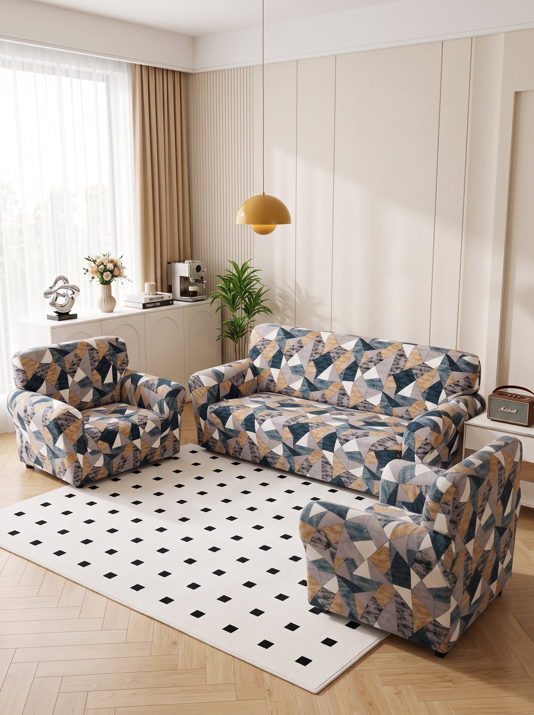 Multi Prism Stretchable Sofa Cover Set 3+1+1 Seater Elastic Slipcover, Anti-Slip Polyester Protector