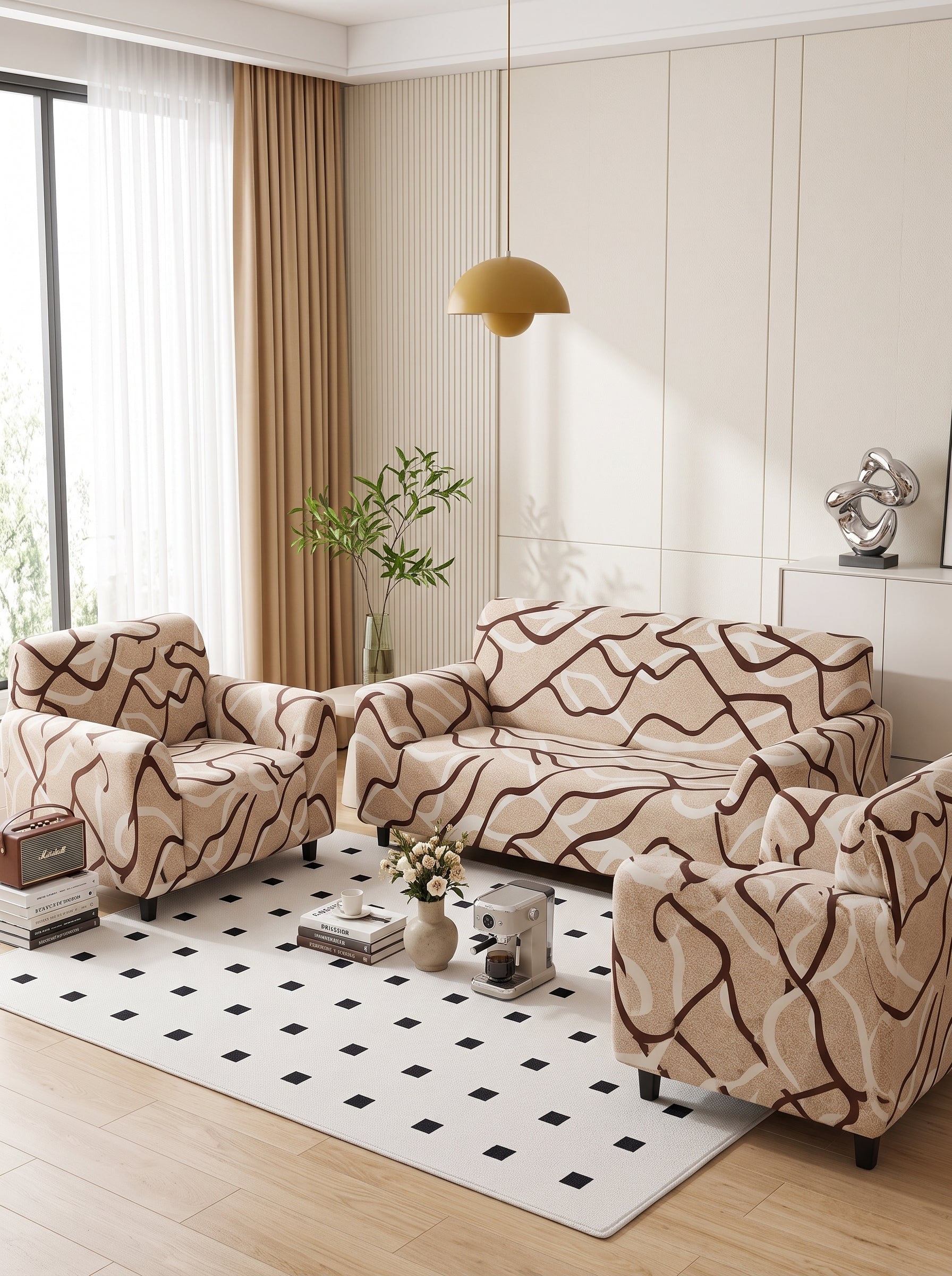 Wave Stretch Sofa Cover Set 3+1+1 Seater Elastic Slipcover, Anti-Slip Polyester Protector
