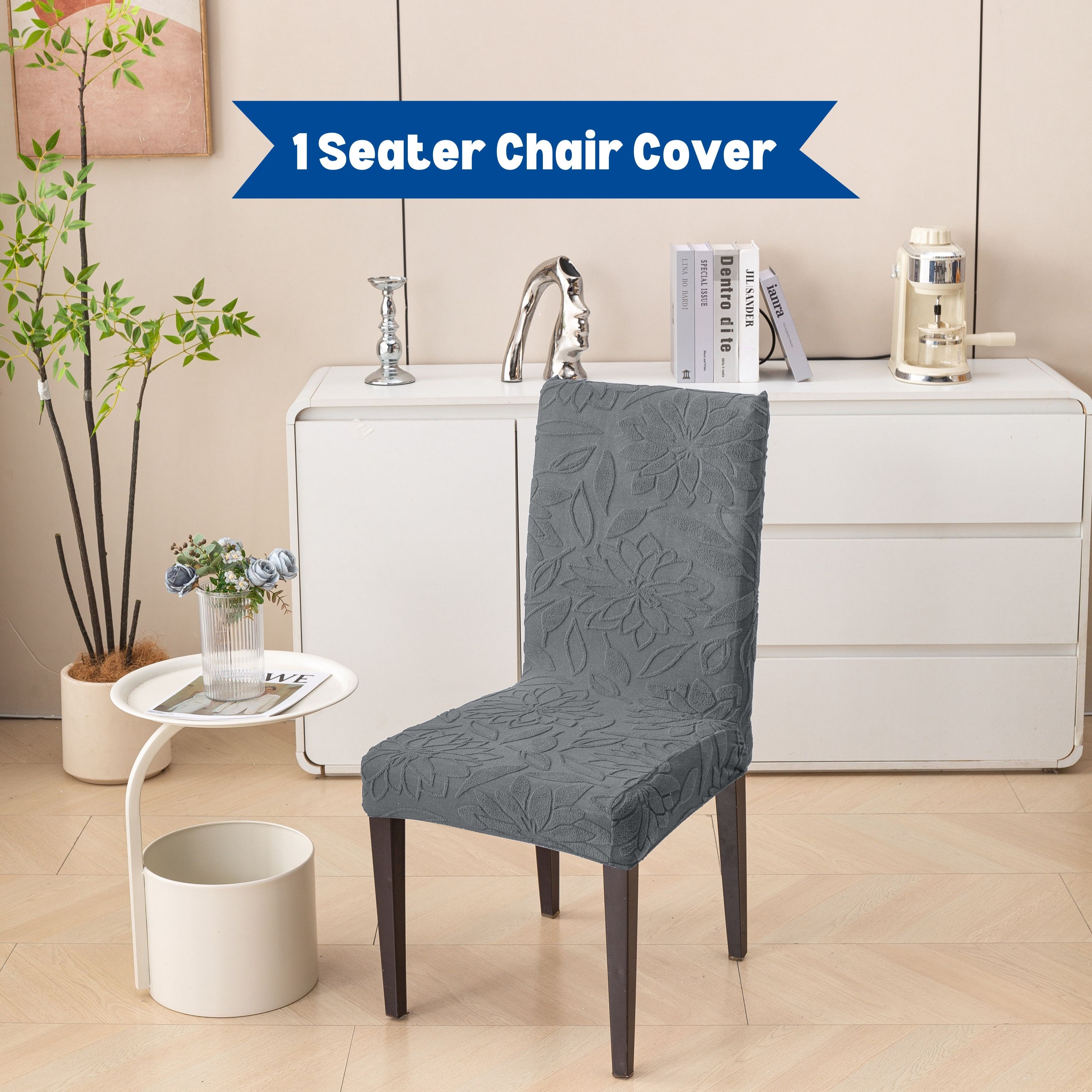Premium 1 Seater Chair Cover - 220 GSM Knitted Jacquard, Floral Textured Elastic Slipcover (Grey)
