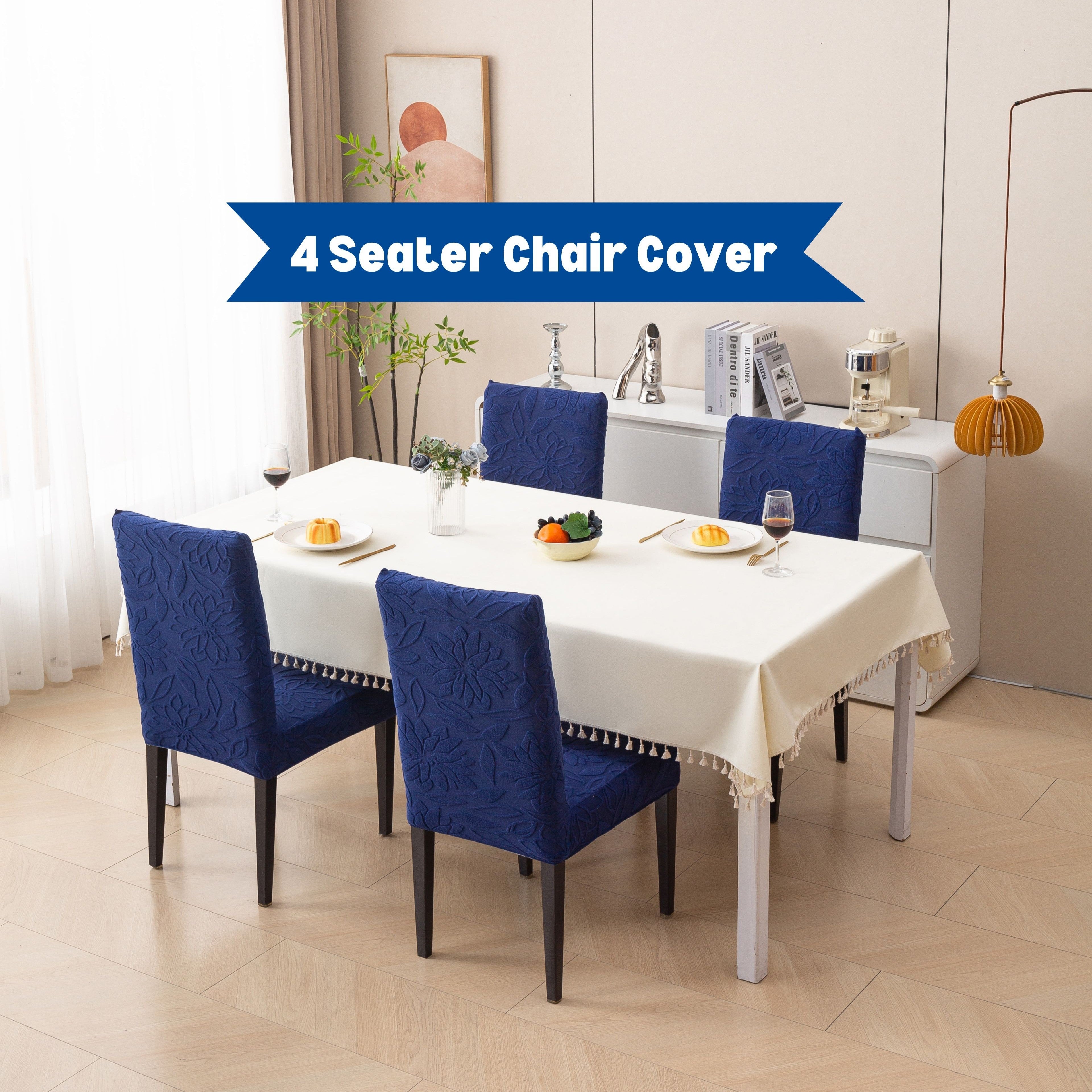 Premium 4 Seater Chair Cover Set - 220 GSM Knitted Jacquard, Floral Textured Elastic Slipcovers (Navy Blue)
