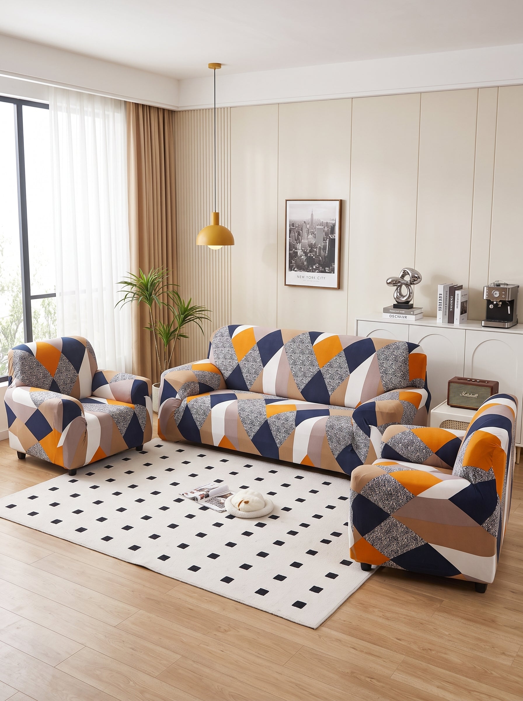 Blend Geometric Stretchable Sofa Cover Set – 3+1+1 Seater Elastic Slipcover, Anti-Slip Polyester Protector