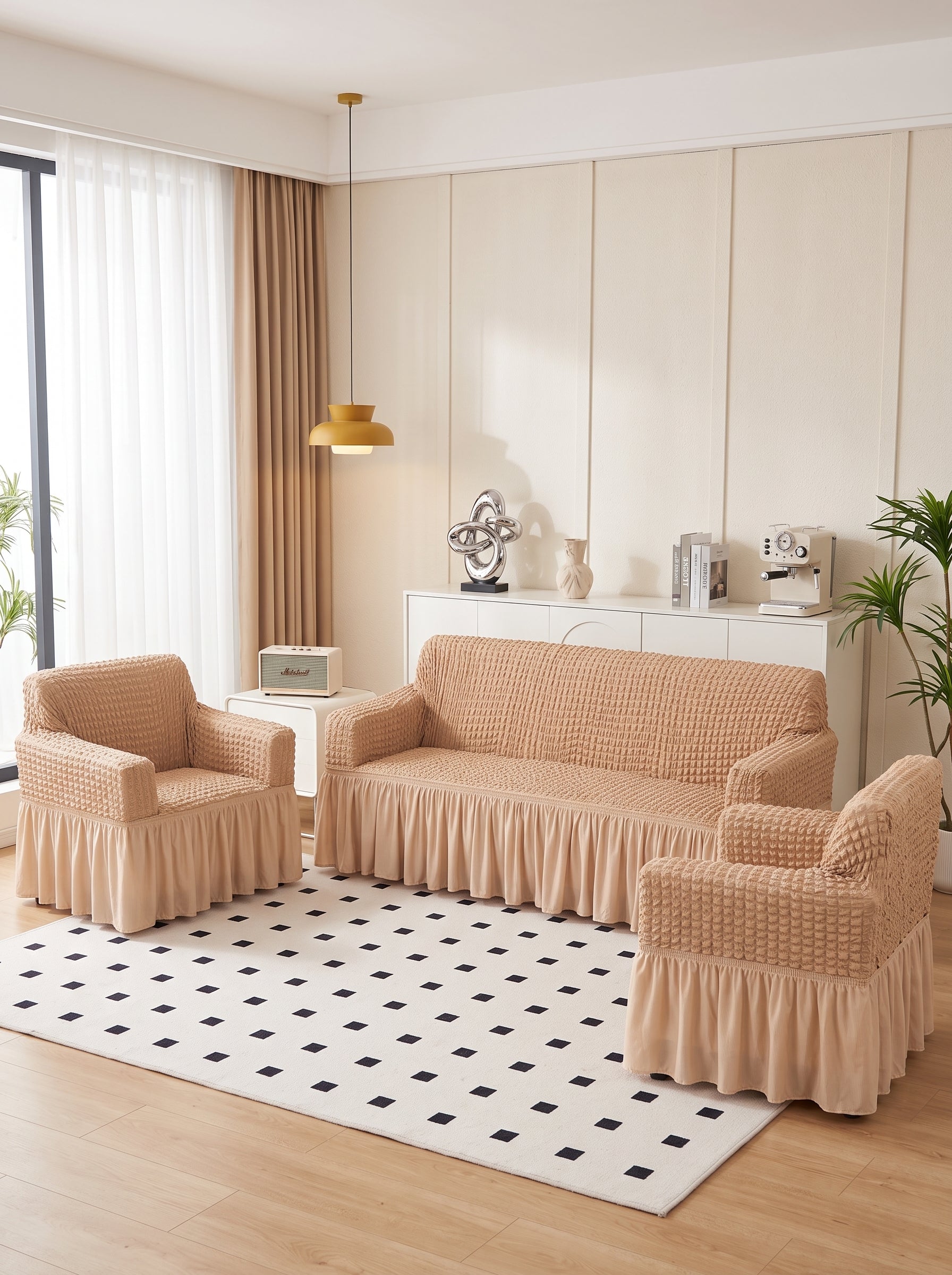 Bubble Sand Beige Elastic Sofa Cover Set 3+1+1 Seater Frill Slipcover Protector, Poly Cotton