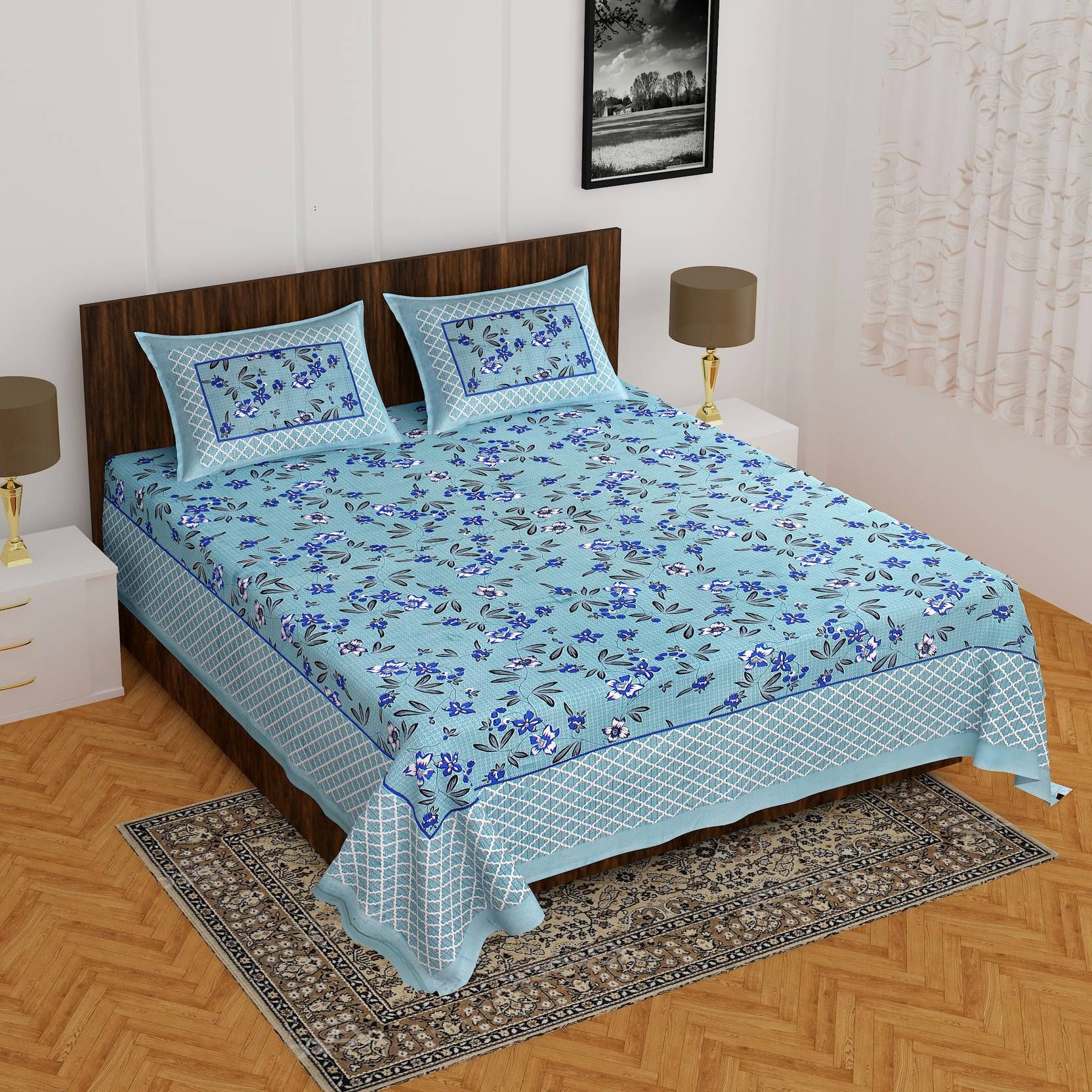 Cotton 144 TC Printed Double Bedsheet with 2 Pillow Covers – Soft & Breathable Flat Bed Sheet (Multicolor)