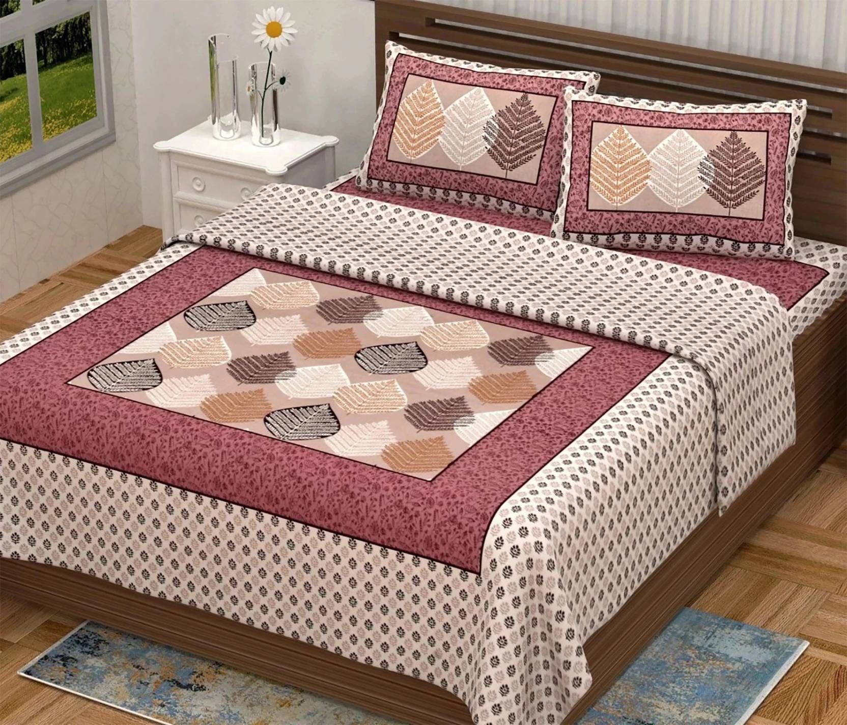 Cotton 144 TC Printed Double Bedsheet with 2 Pillow Covers – Soft & Breathable Flat Bed Sheet (Multicolor)