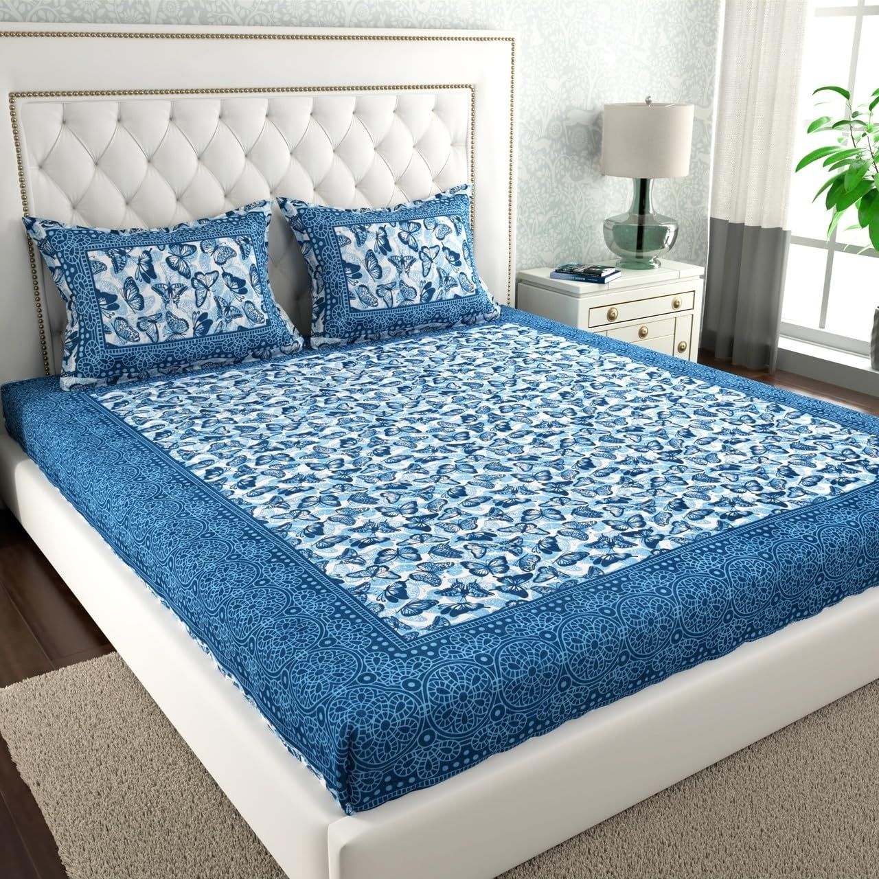 Cotton 144 TC Printed Double Bedsheet with 2 Pillow Covers – Soft & Breathable Flat Bed Sheet (Multicolor)