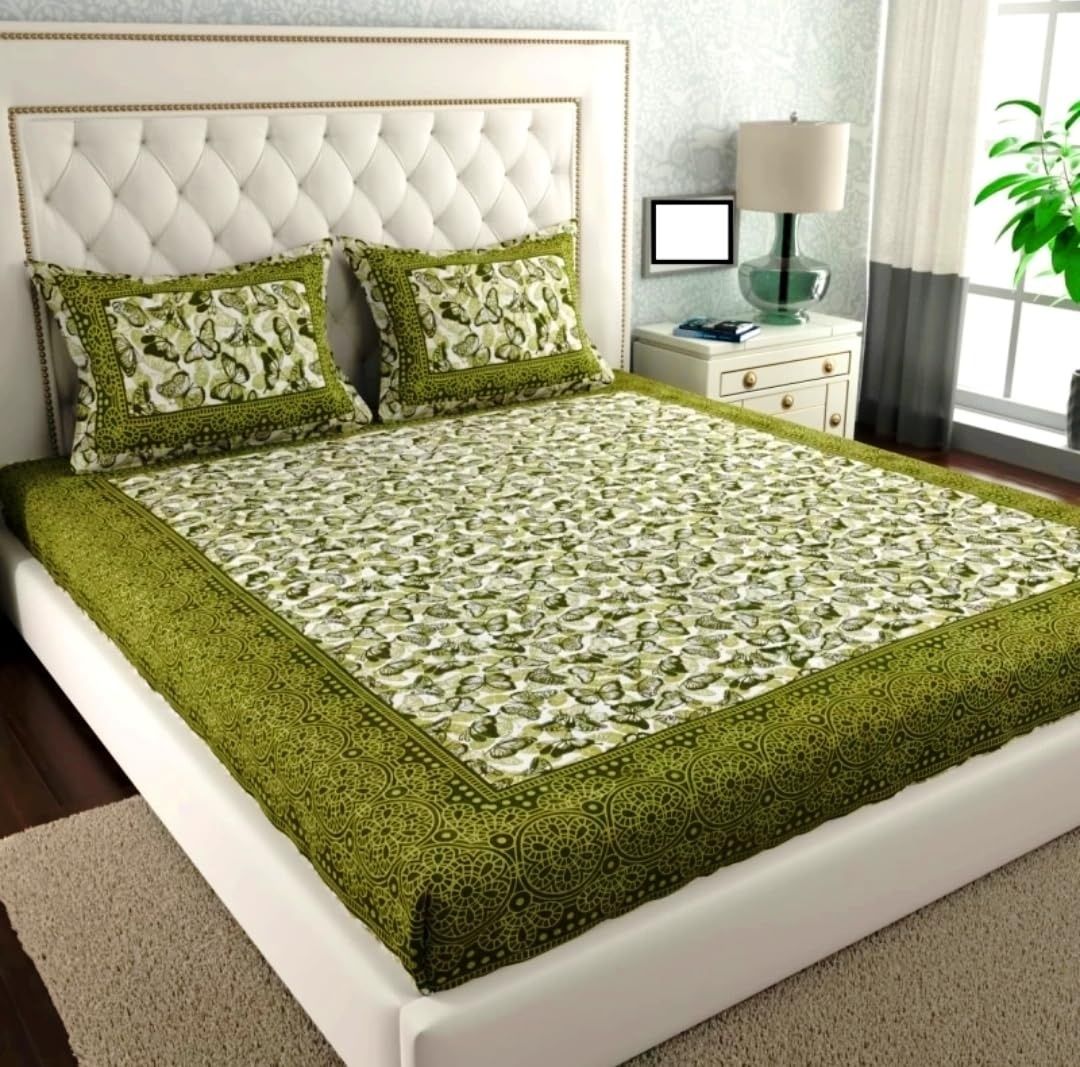 Cotton 144 TC Printed Double Bedsheet with 2 Pillow Covers – Soft & Breathable Flat Bed Sheet (Multicolor)