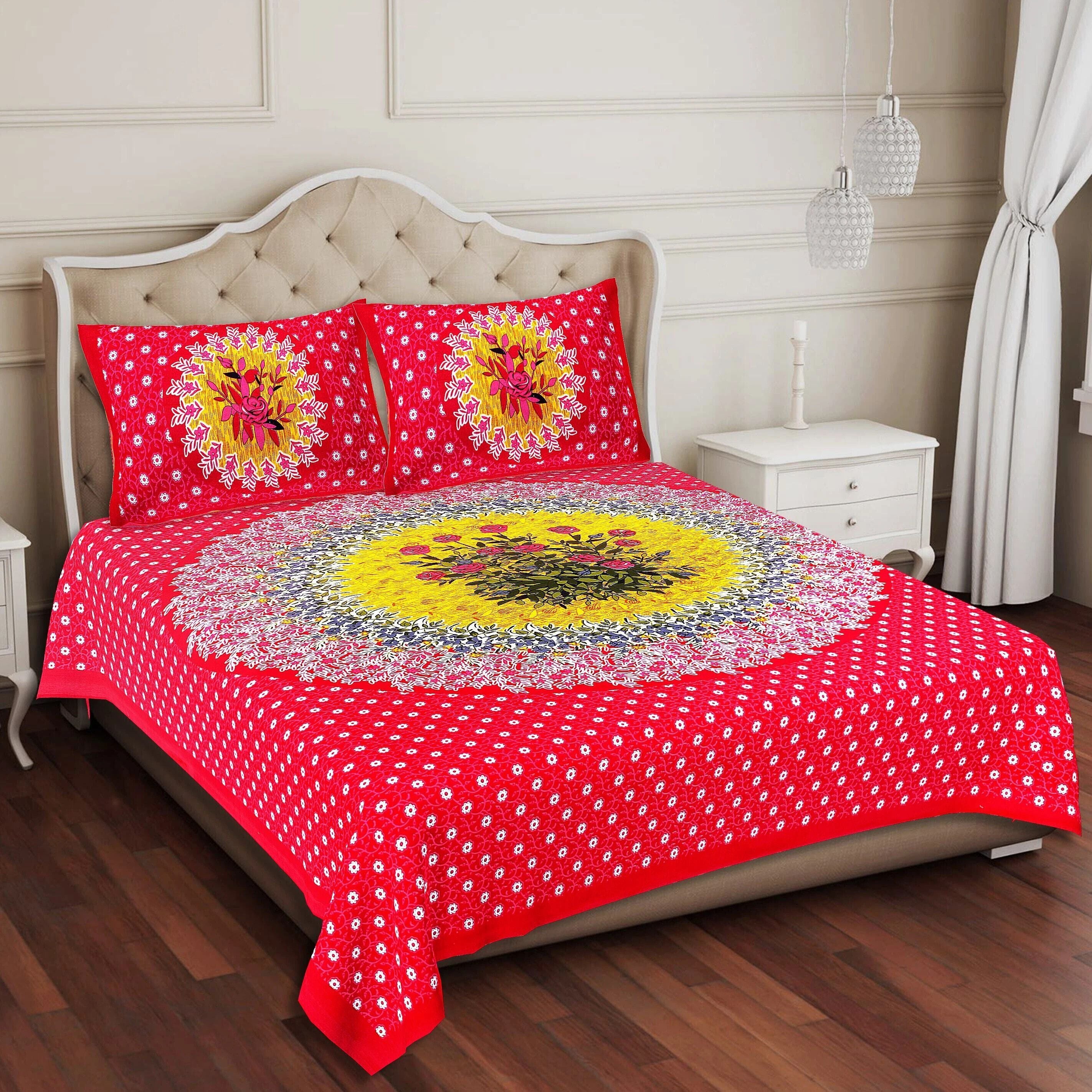 Cotton 144 TC Printed Double Bedsheet with 2 Pillow Covers – Soft & Breathable Flat Bed Sheet (Multicolor)