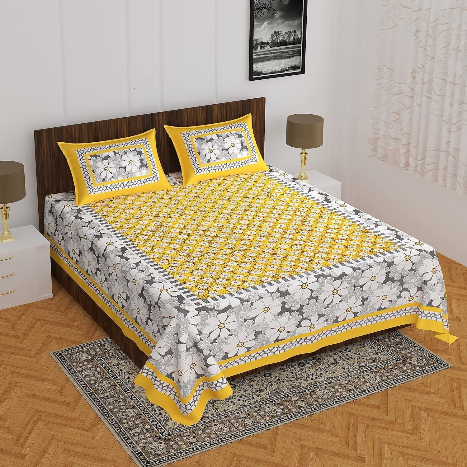 Cotton 144 TC Printed Double Bedsheet with 2 Pillow Covers – Soft & Breathable Flat Bed Sheet (Multicolor)