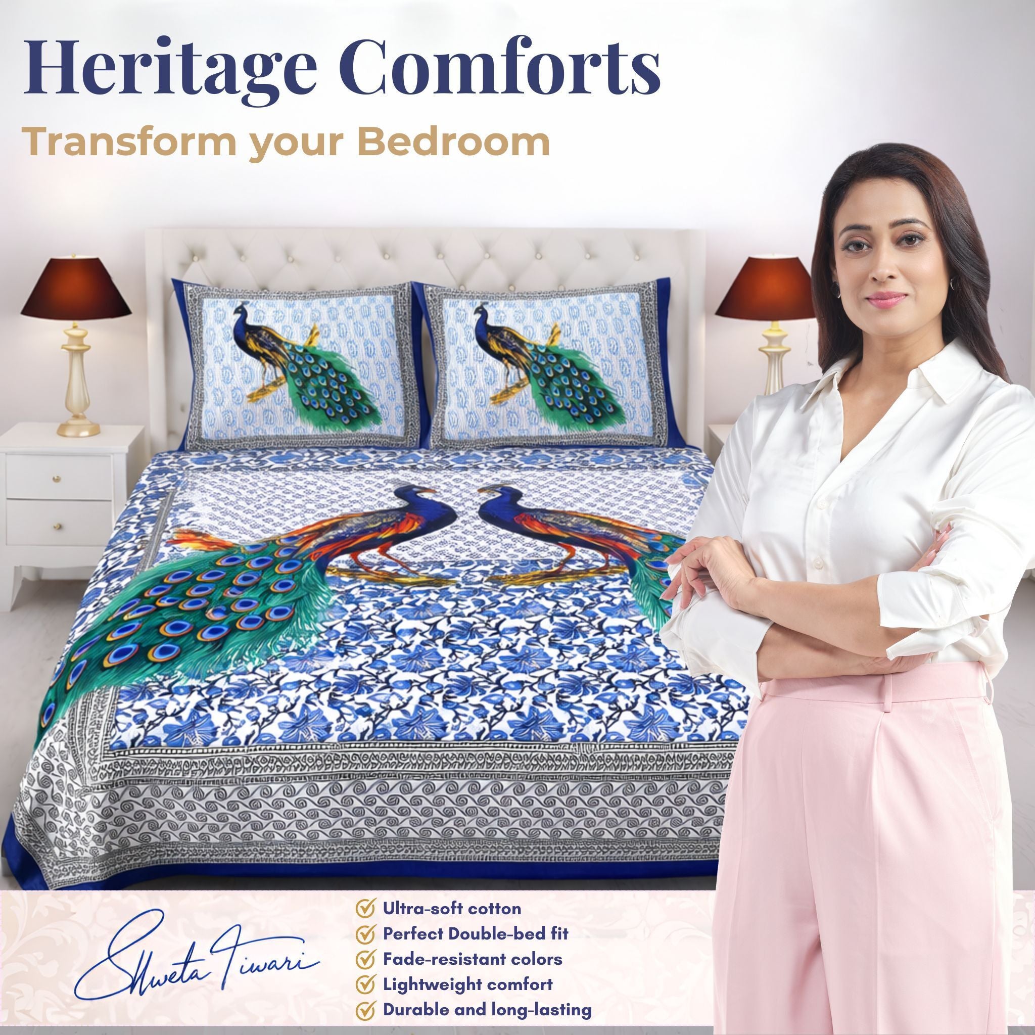 Cotton 144 TC Printed Double Bedsheet with 2 Pillow Covers – Soft & Breathable Flat Bed Sheet (Multicolor)