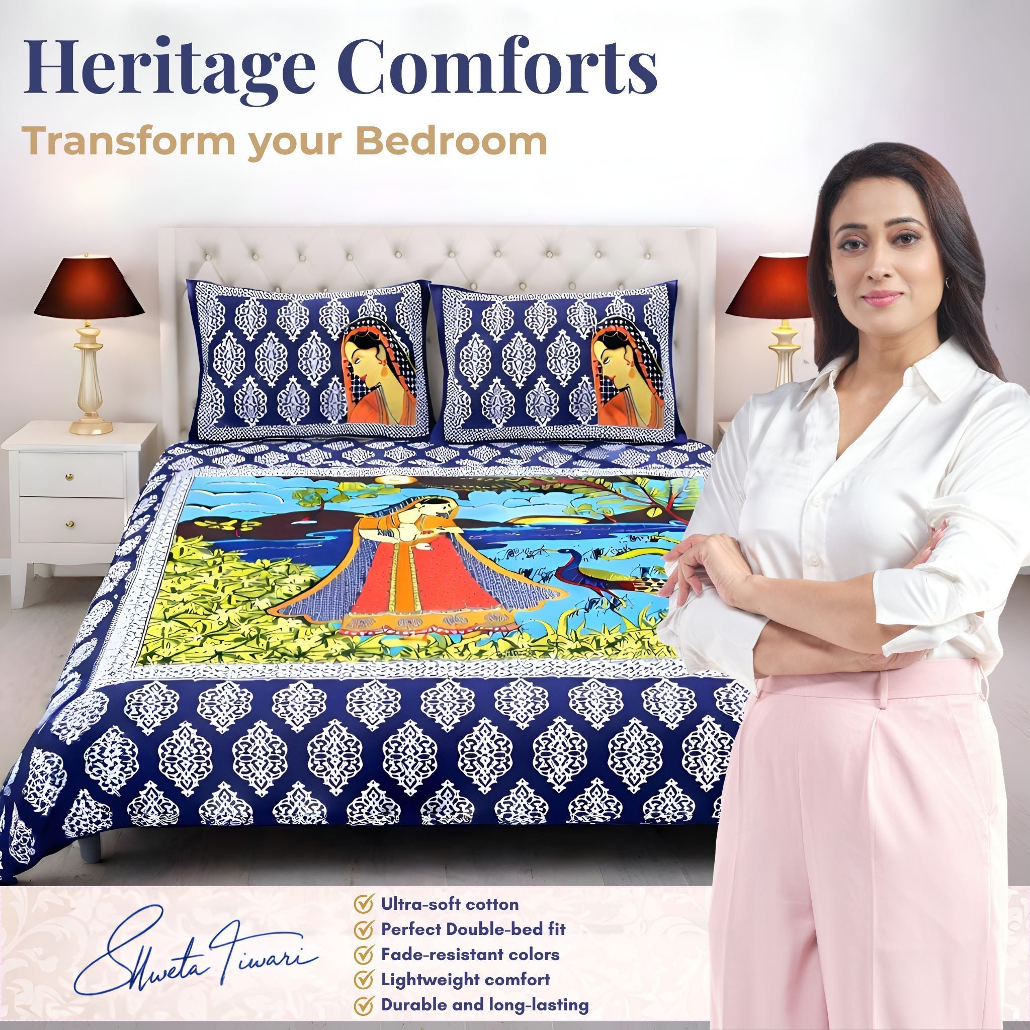 Cotton 144 TC Printed Double Bedsheet with 2 Pillow Covers – Soft & Breathable Flat Bed Sheet (Multicolor)