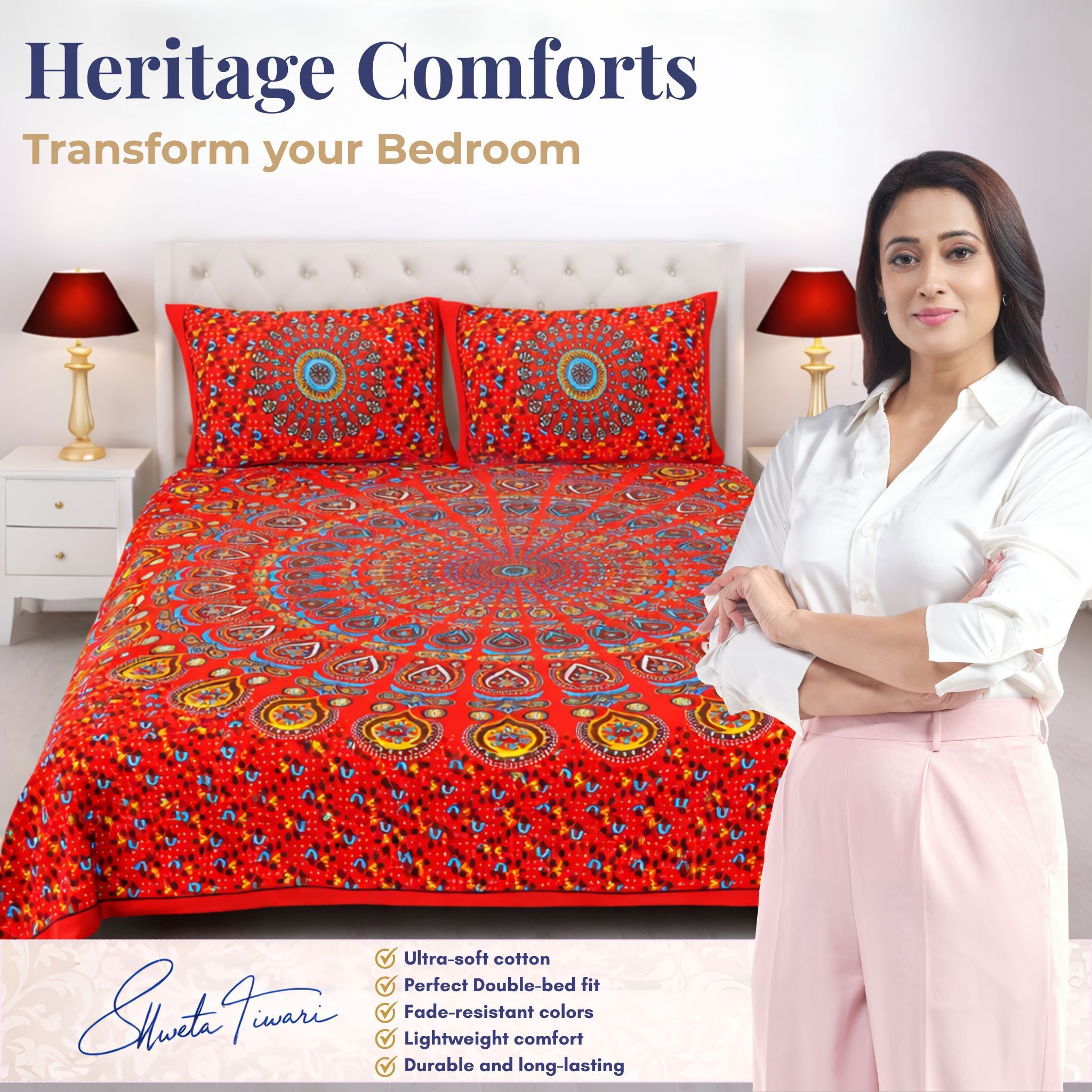 Cotton 144 TC Printed Double Bedsheet with 2 Pillow Covers – Soft & Breathable Flat Bed Sheet (Multicolor)