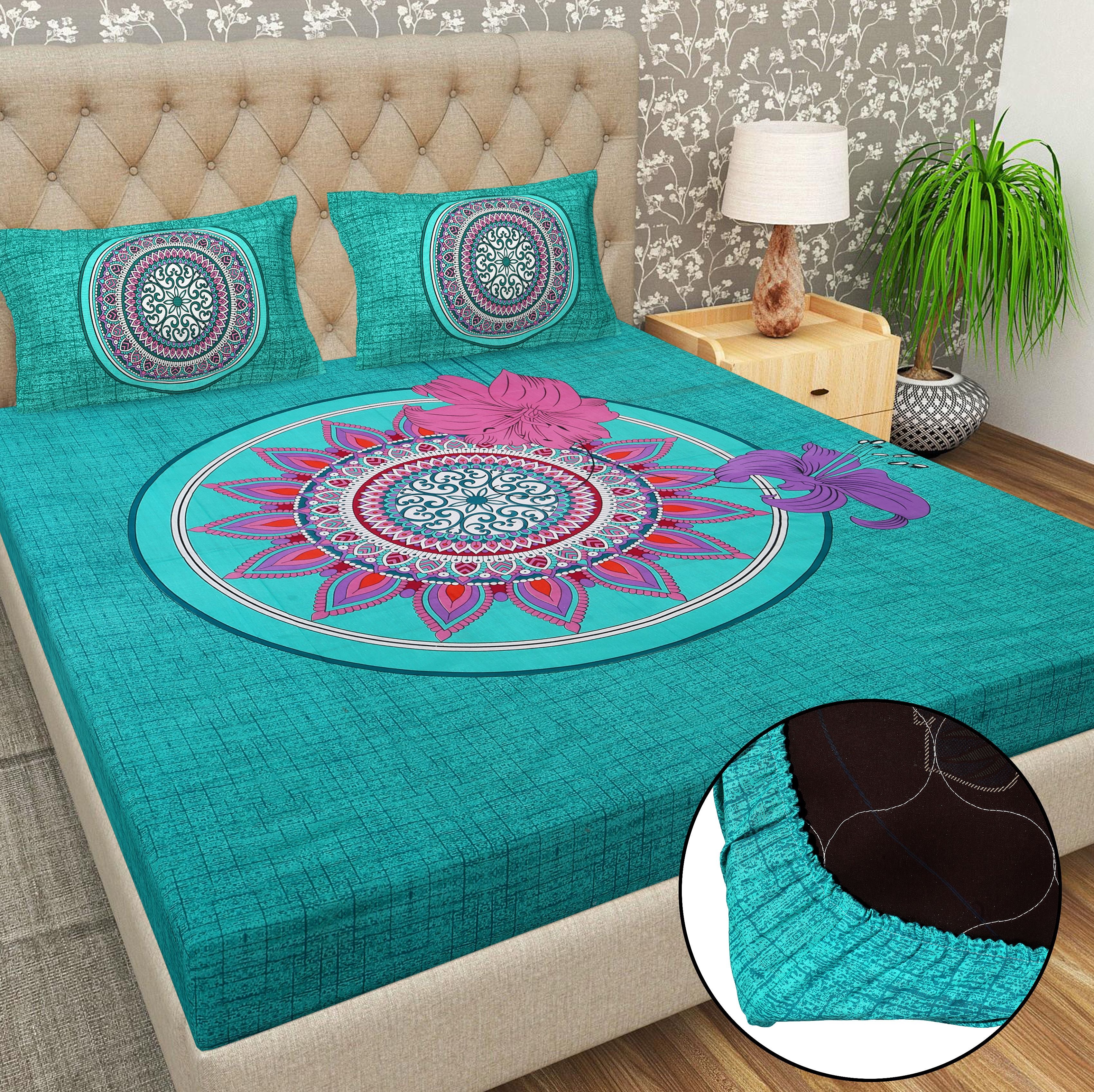Cotton 144 TC Printed Double Bedsheet with 2 Pillow Covers – Soft & Breathable Flat Bed Sheet (Multicolor)