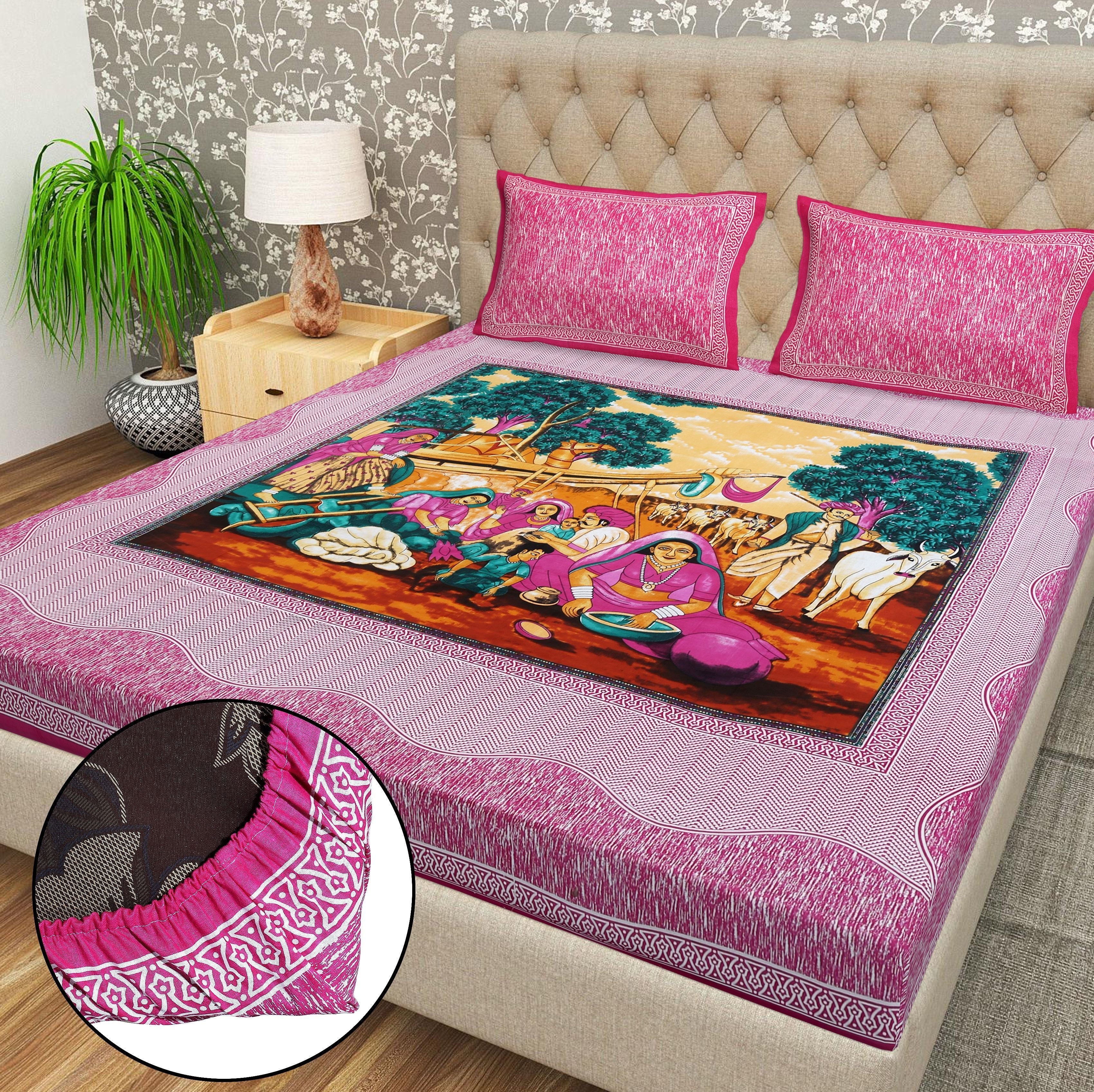 Cotton 144 TC Printed Double Bedsheet with 2 Pillow Covers – Soft & Breathable Flat Bed Sheet (Multicolor)