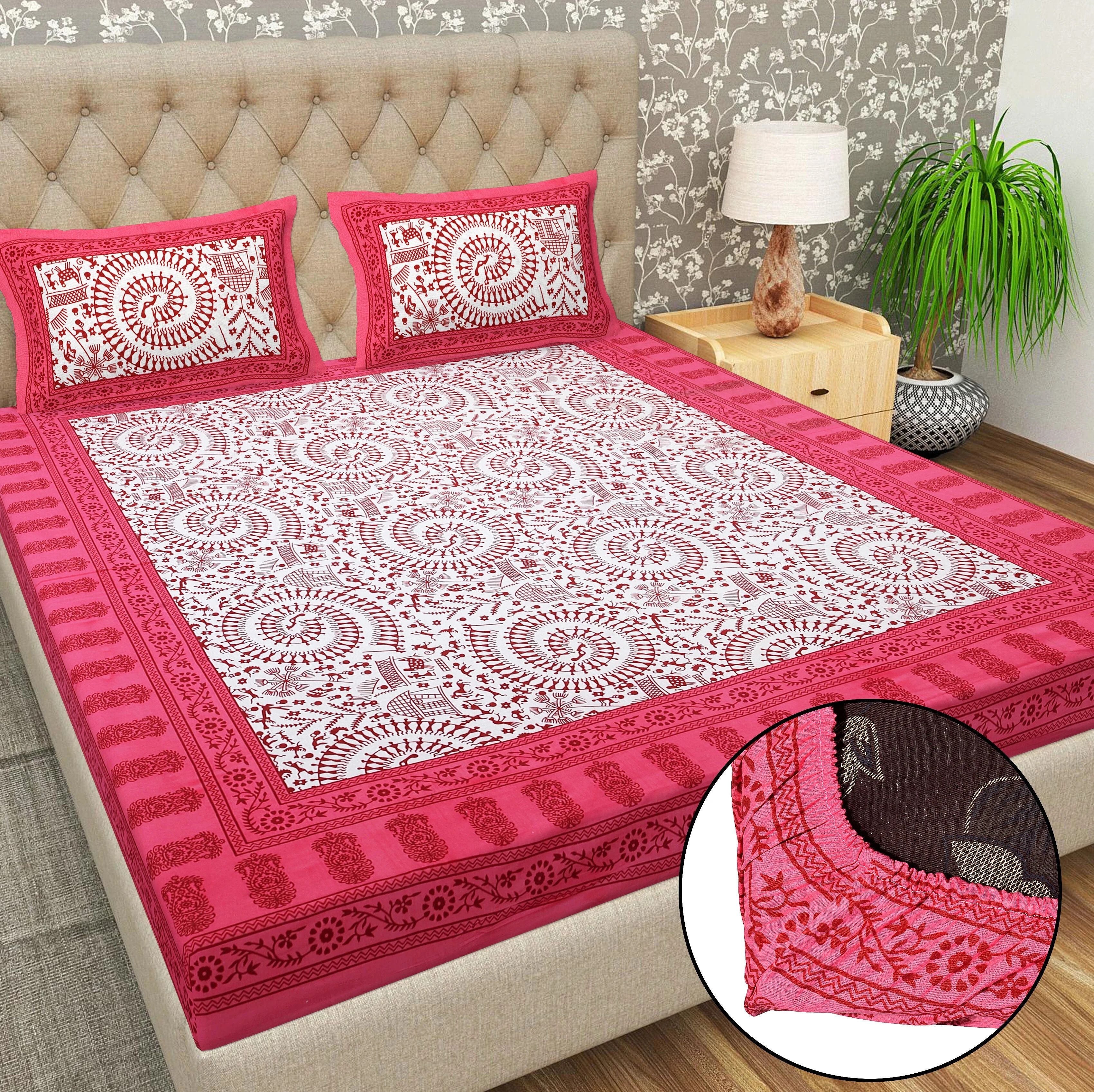 Cotton 144 TC Printed Double Bedsheet with 2 Pillow Covers – Soft & Breathable Flat Bed Sheet (Multicolor)