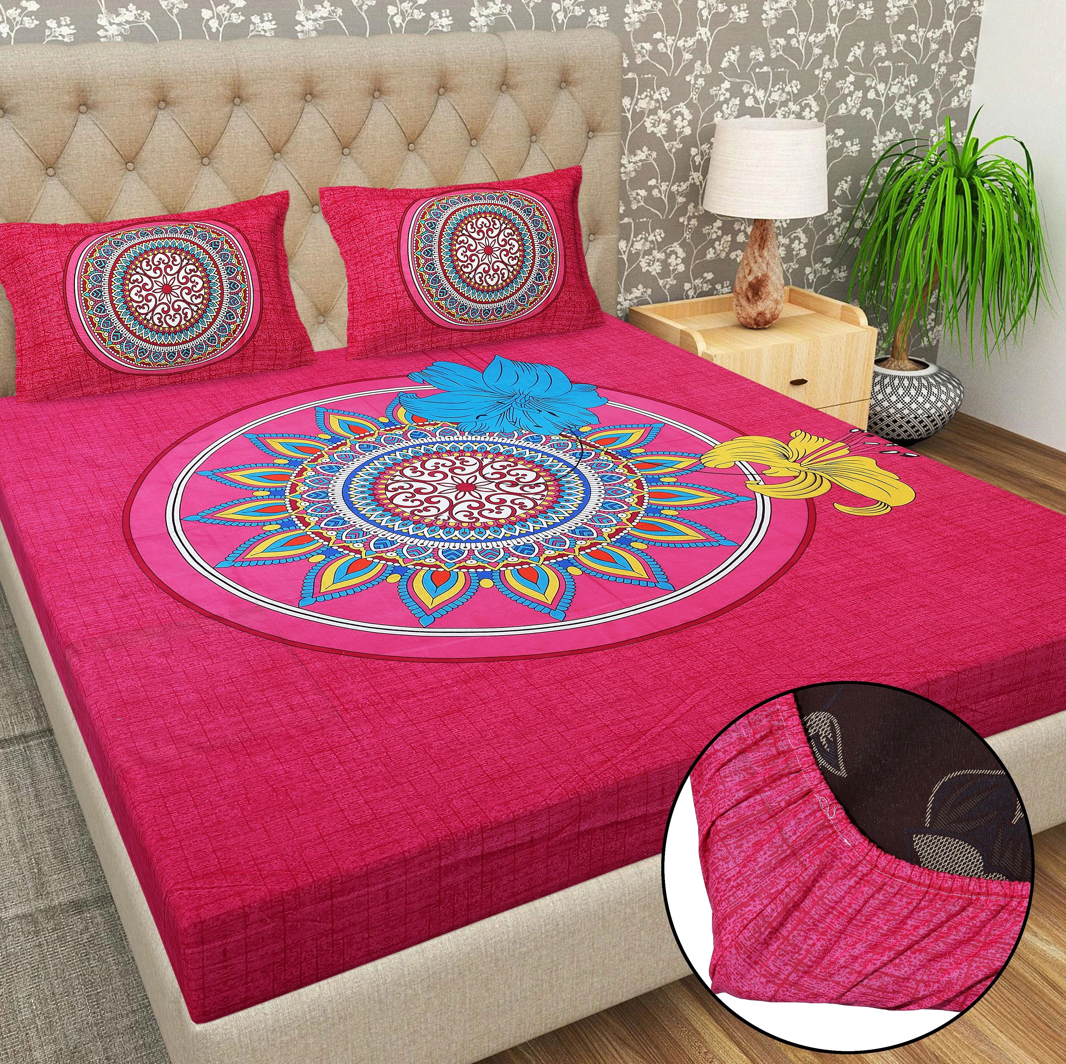 Cotton 144 TC Printed Double Bedsheet with 2 Pillow Covers – Soft & Breathable Flat Bed Sheet (Multicolor)