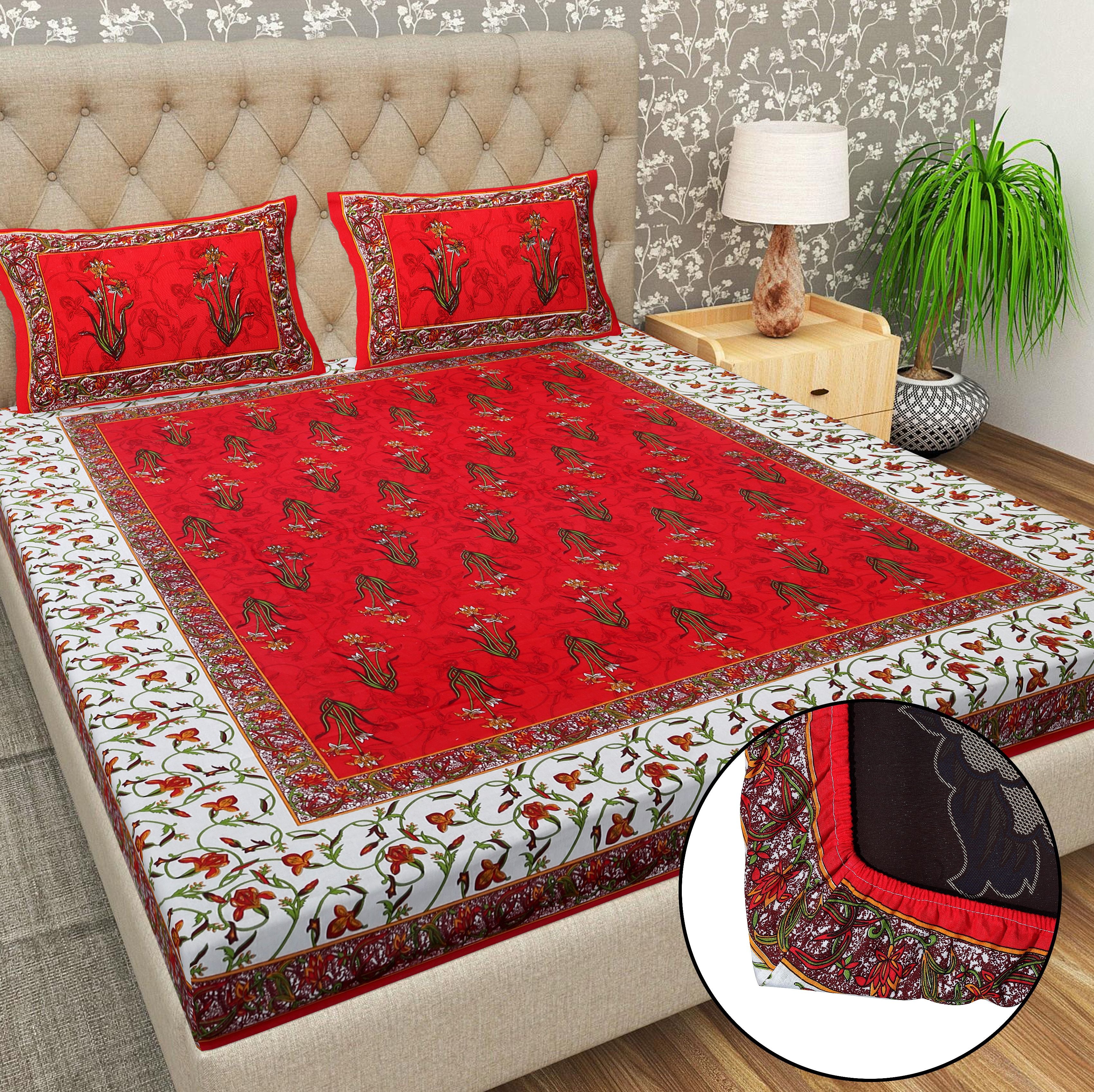 Cotton 144 TC Printed Double Bedsheet with 2 Pillow Covers – Soft & Breathable Flat Bed Sheet (Multicolor)