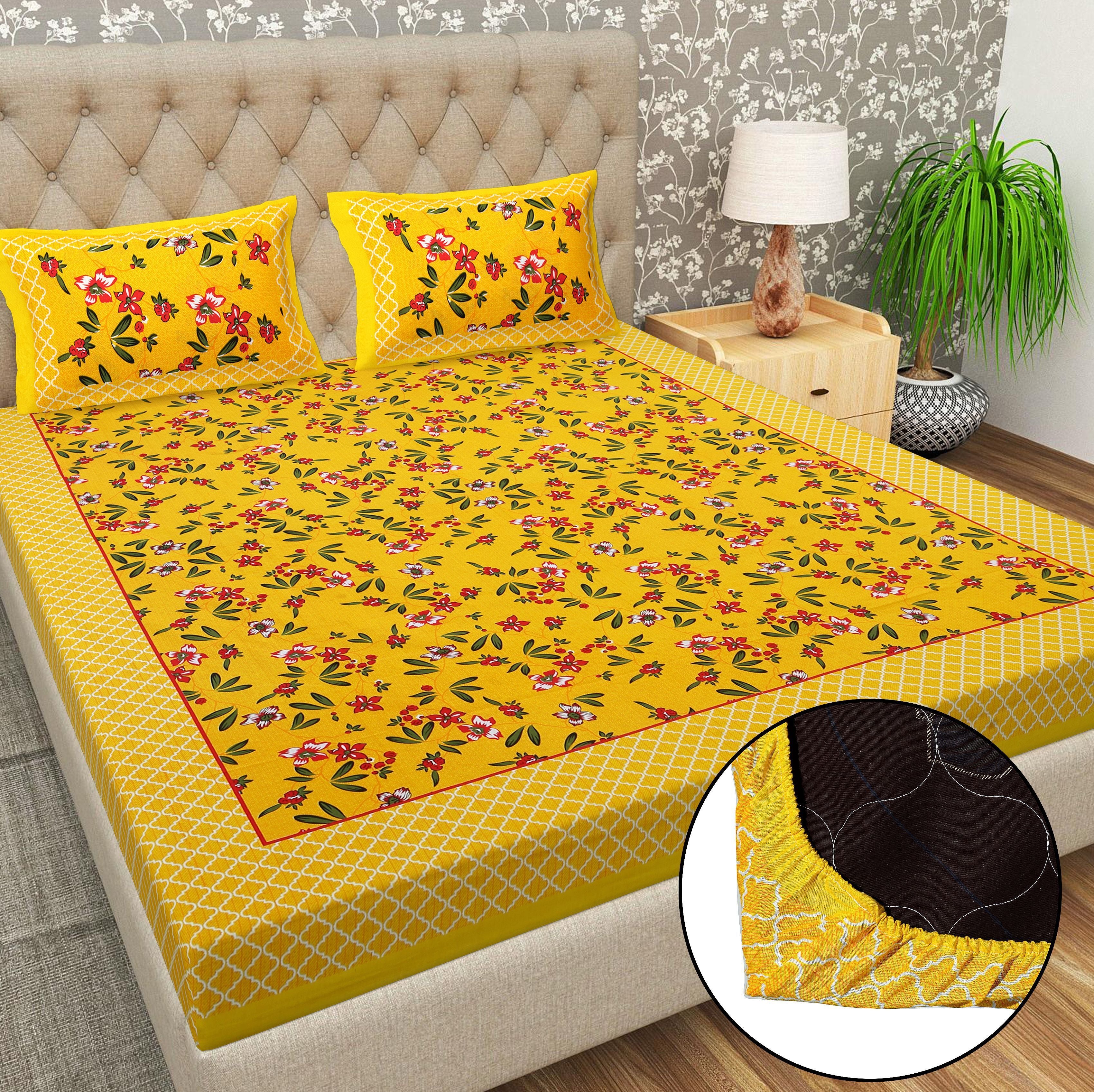 Cotton 144 TC Printed Double Bedsheet with 2 Pillow Covers – Soft & Breathable Flat Bed Sheet (Multicolor)