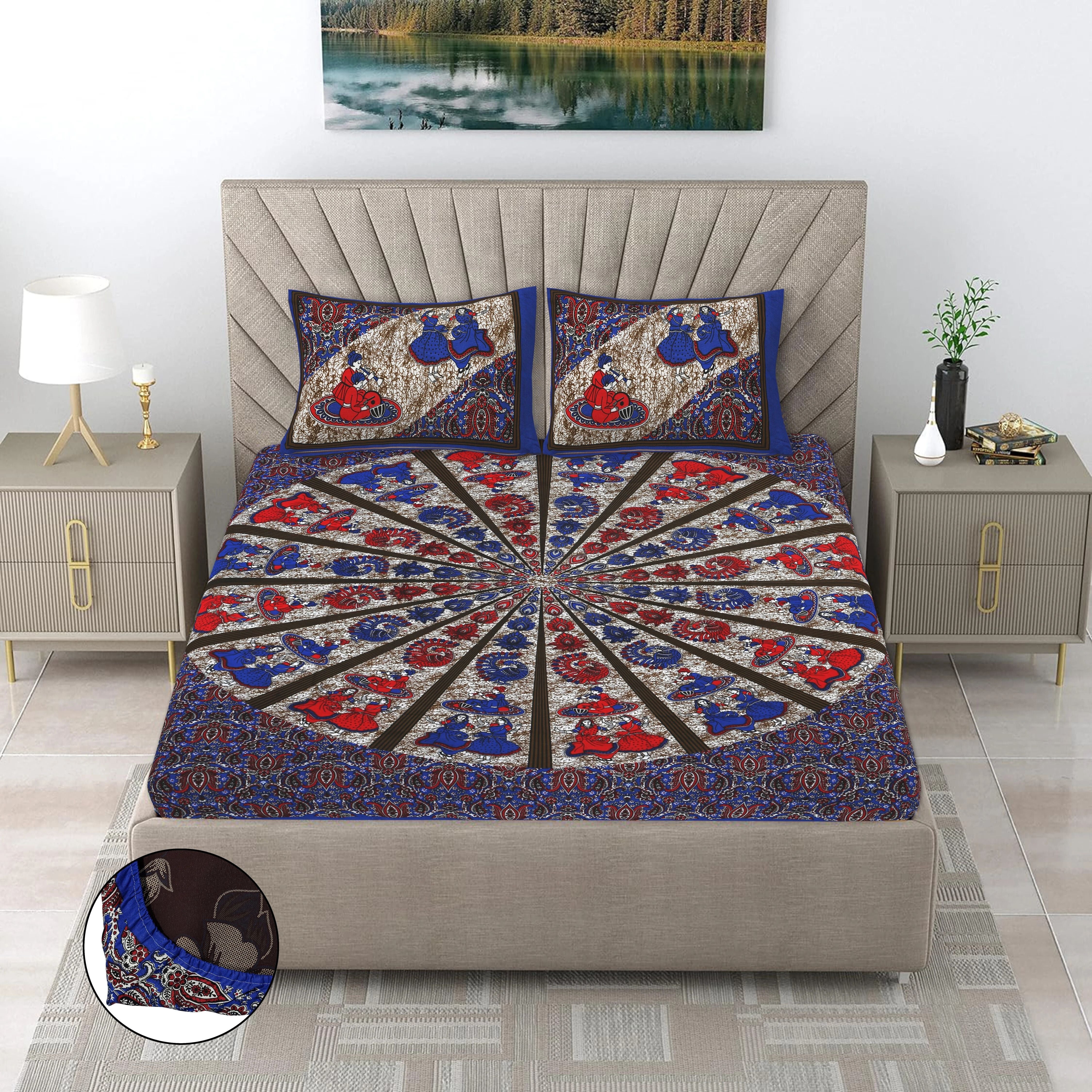Cotton 144 TC Printed Double Bedsheet with 2 Pillow Covers – Soft & Breathable Flat Bed Sheet (Multicolor)