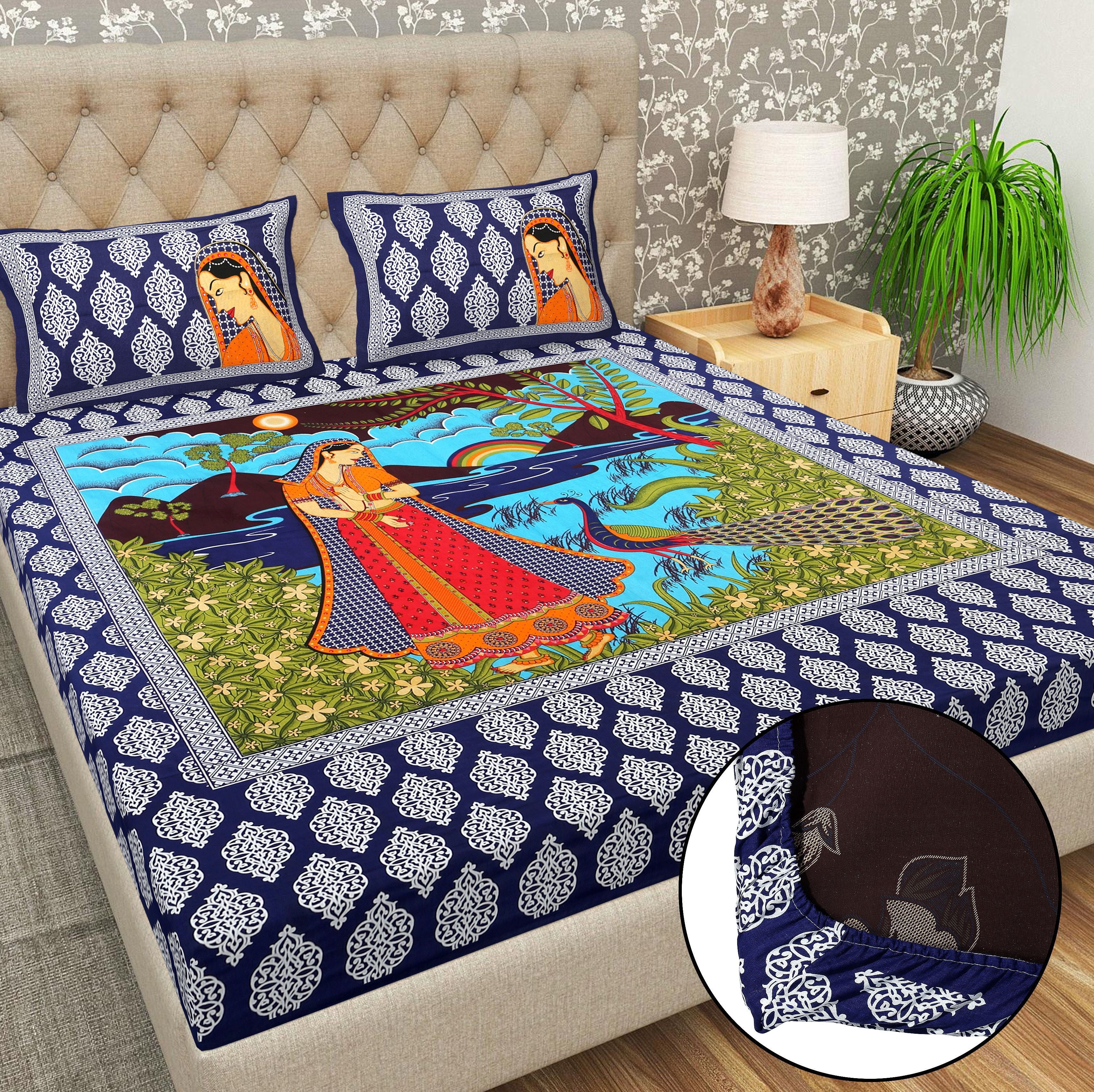 Cotton 144 TC Printed Double Bedsheet with 2 Pillow Covers – Soft & Breathable Flat Bed Sheet (Multicolor)