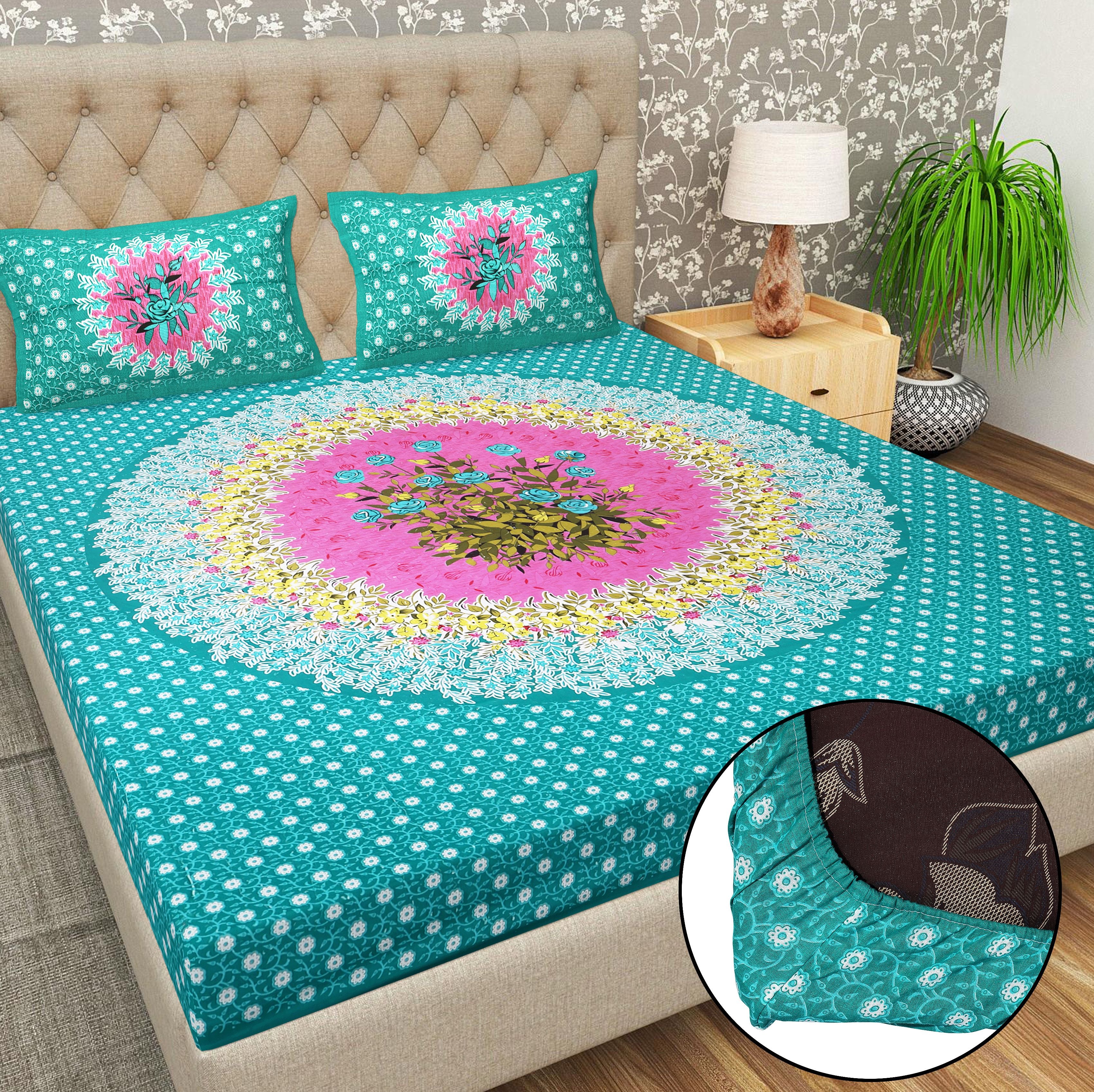 Cotton 144 TC Printed Double Bedsheet with 2 Pillow Covers – Soft & Breathable Flat Bed Sheet (Multicolor)