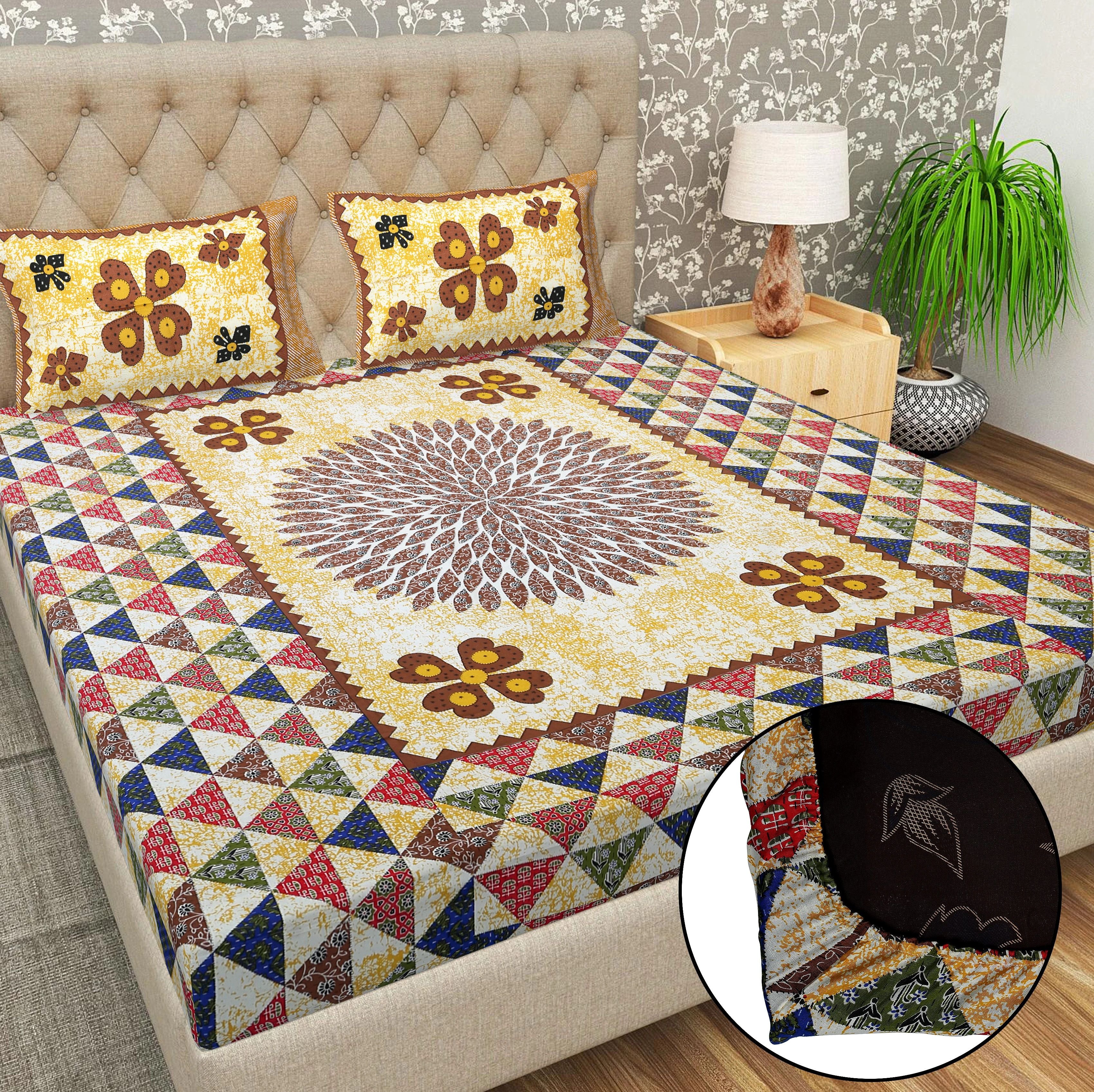 Cotton 144 TC Printed Double Bedsheet with 2 Pillow Covers – Soft & Breathable Flat Bed Sheet (Multicolor)