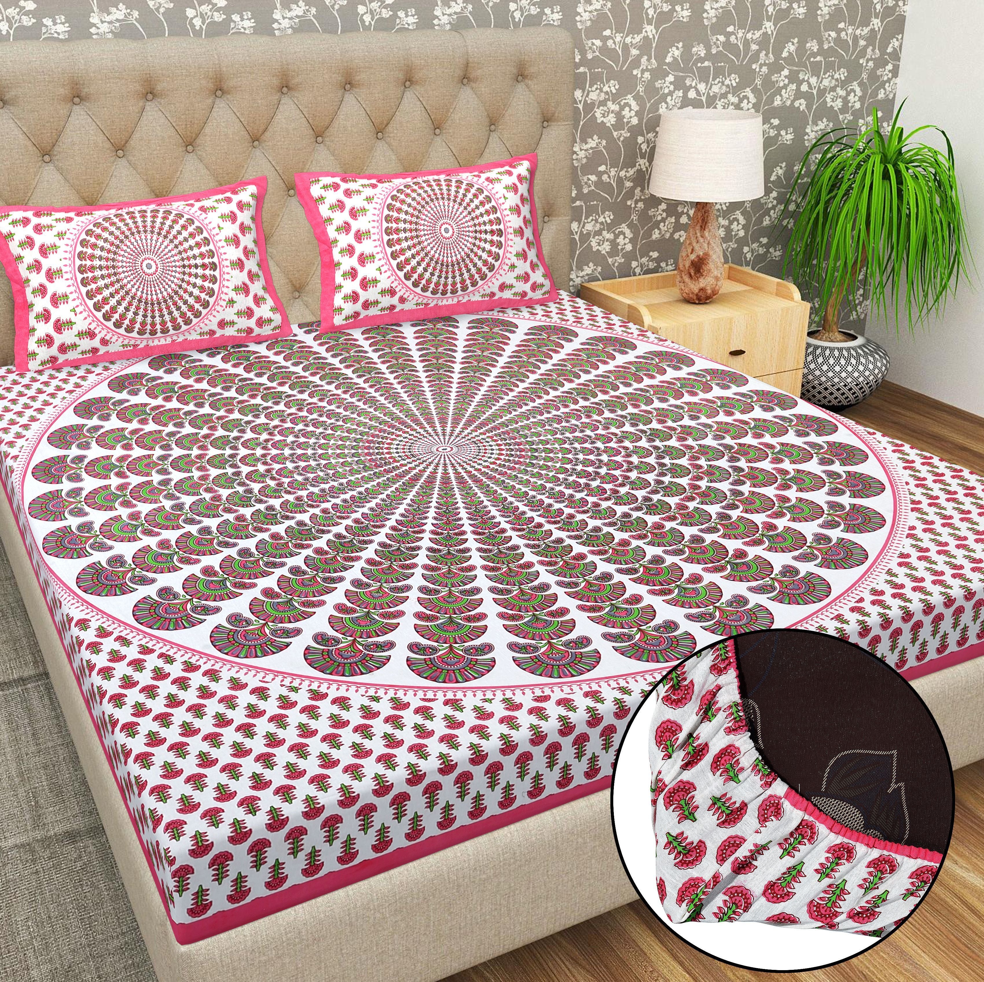 Cotton 144 TC Printed Double Bedsheet with 2 Pillow Covers – Soft & Breathable Flat Bed Sheet (Multicolor)