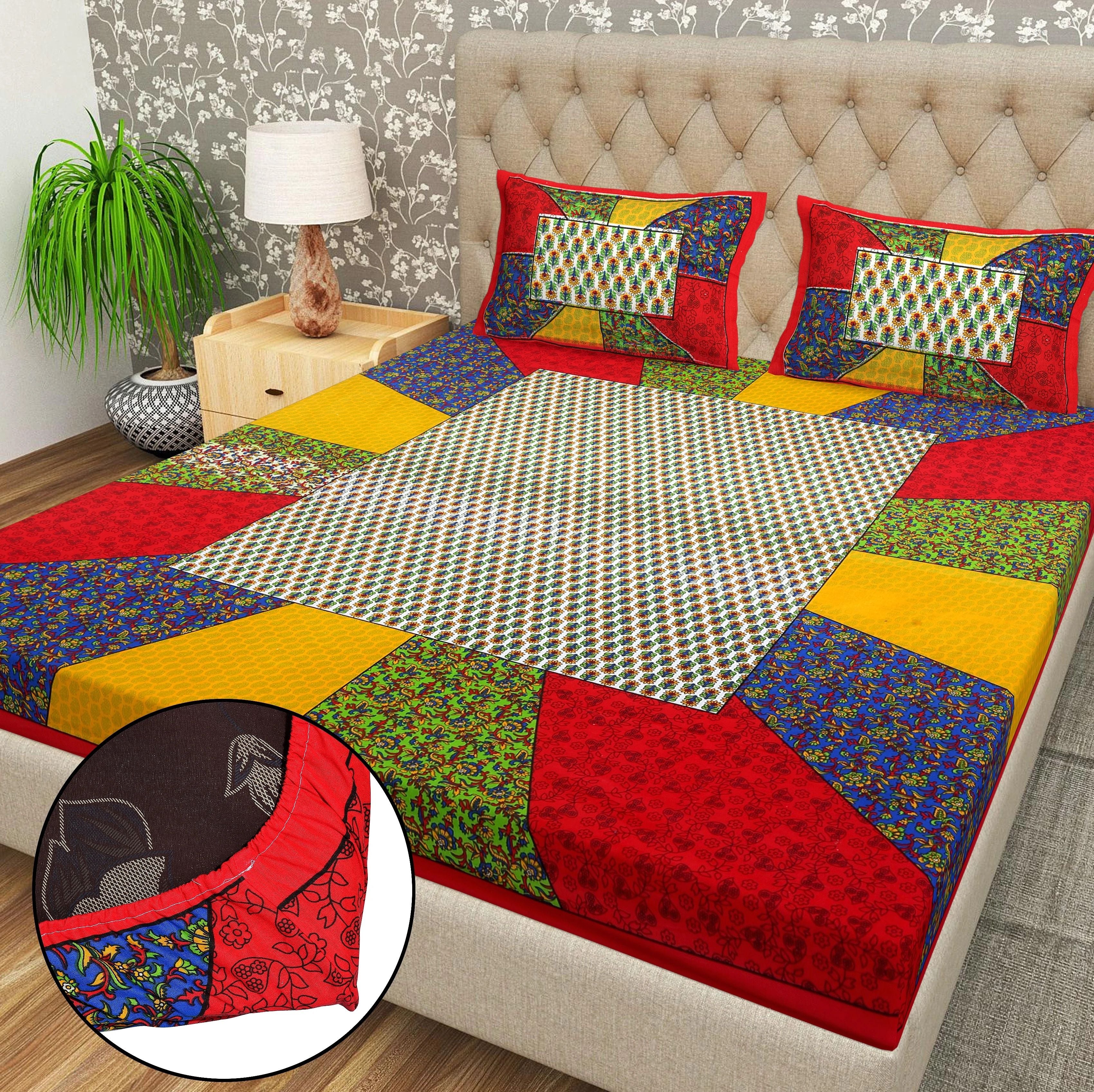 Cotton 144 TC Printed Double Bedsheet with 2 Pillow Covers – Soft & Breathable Flat Bed Sheet (Multicolor)