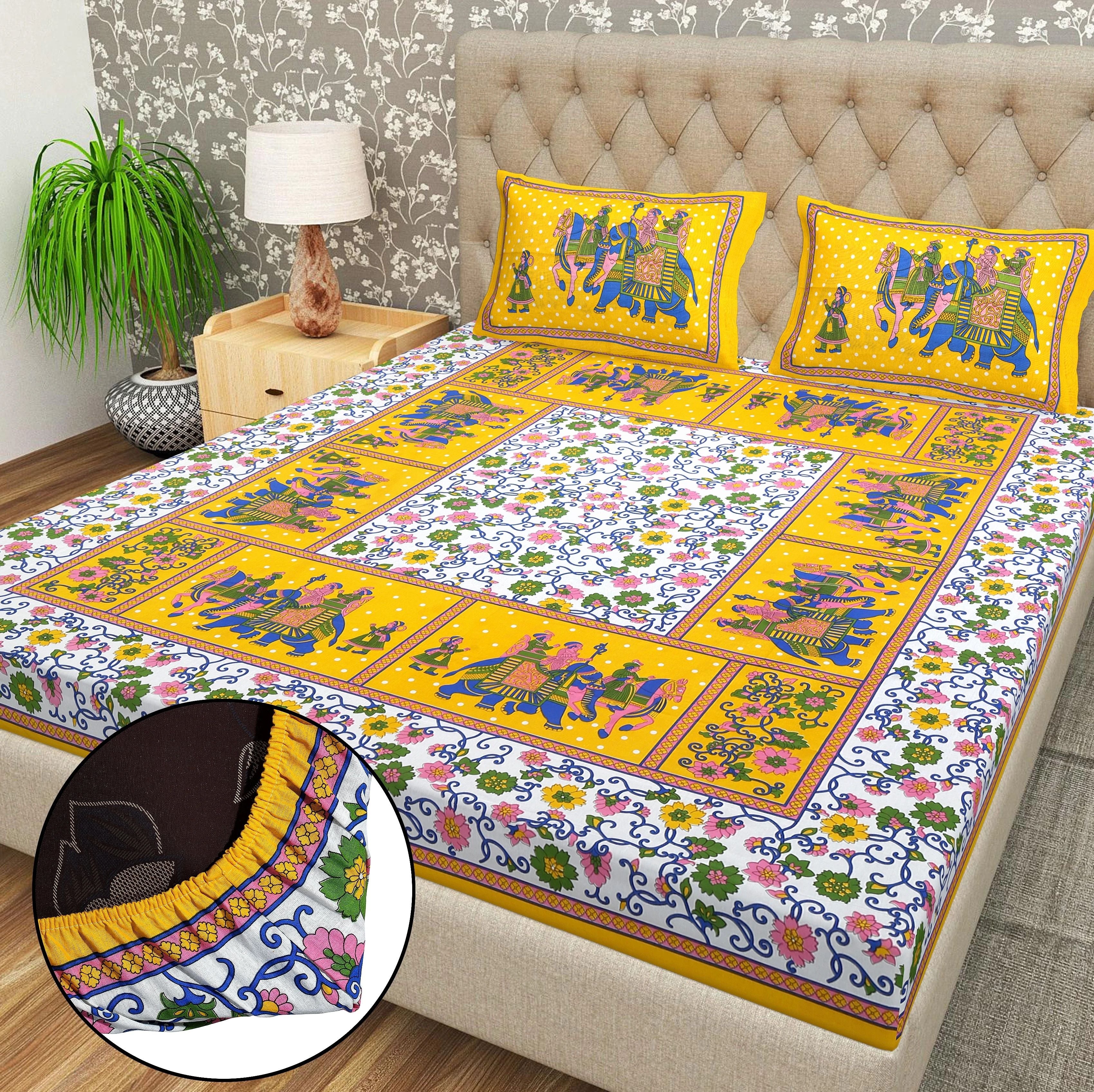 Cotton 144 TC Printed Double Bedsheet with 2 Pillow Covers – Soft & Breathable Flat Bed Sheet (Multicolor)
