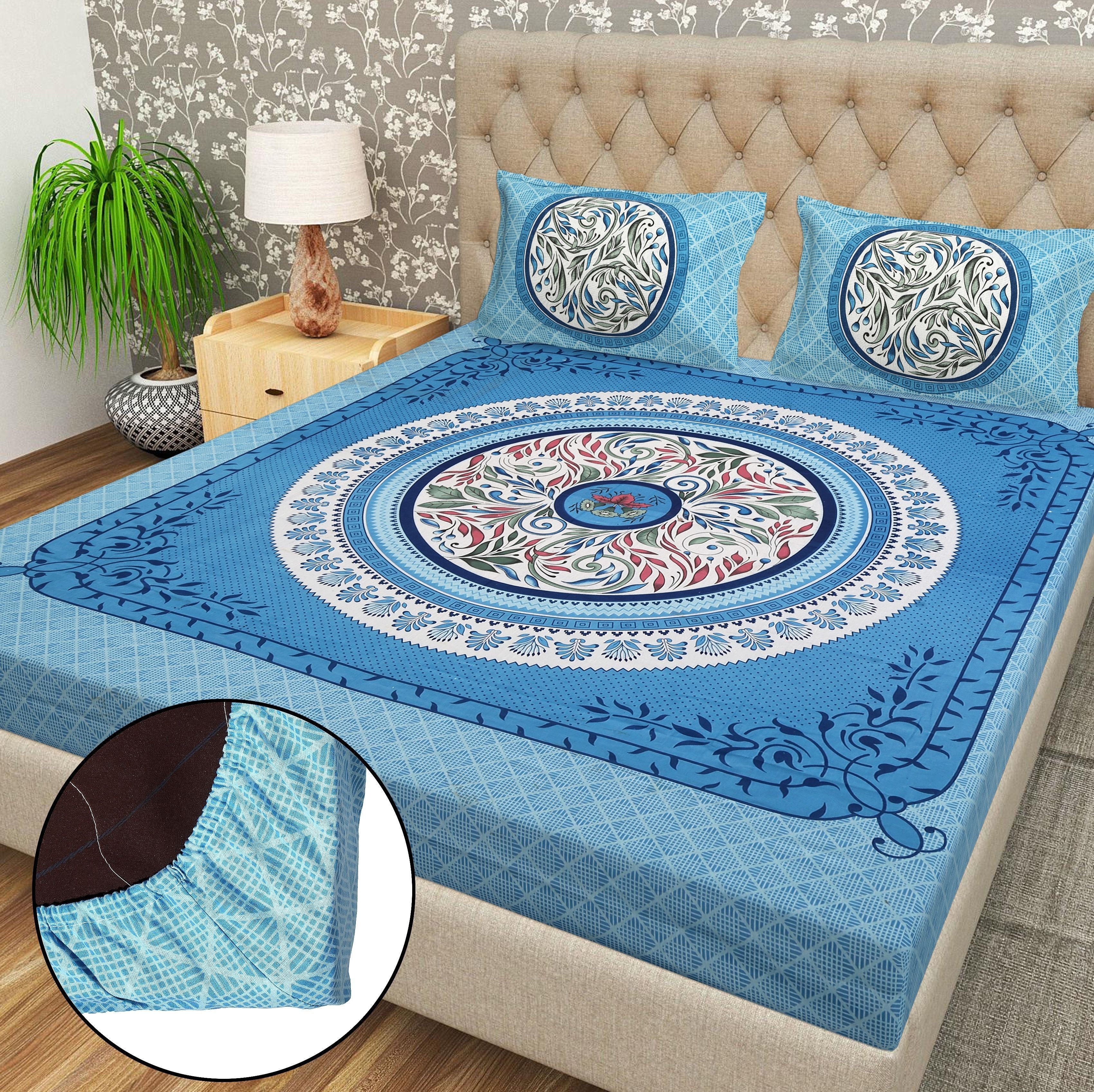 Cotton 144 TC Printed Double Bedsheet with 2 Pillow Covers – Soft & Breathable Flat Bed Sheet (Multicolor)