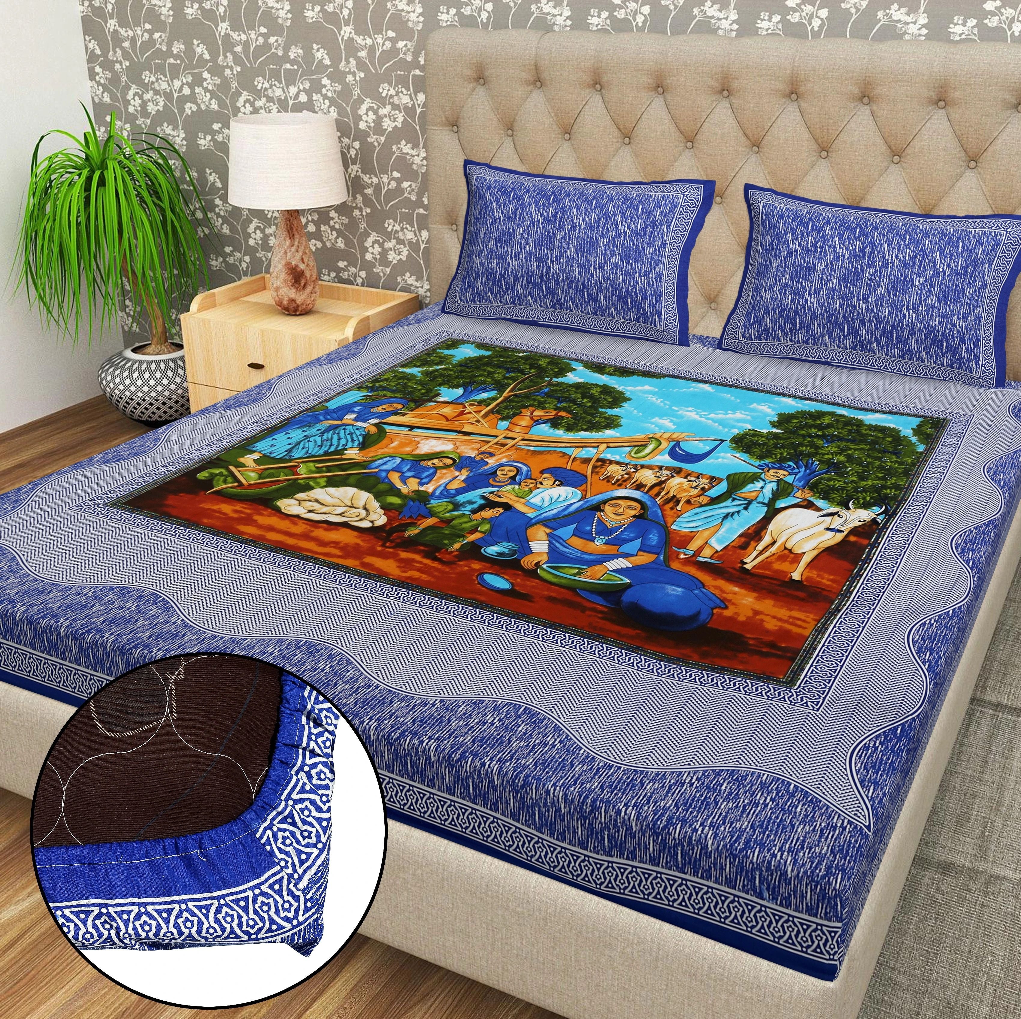 Cotton 144 TC Printed Double Bedsheet with 2 Pillow Covers – Soft & Breathable Flat Bed Sheet (Multicolor)